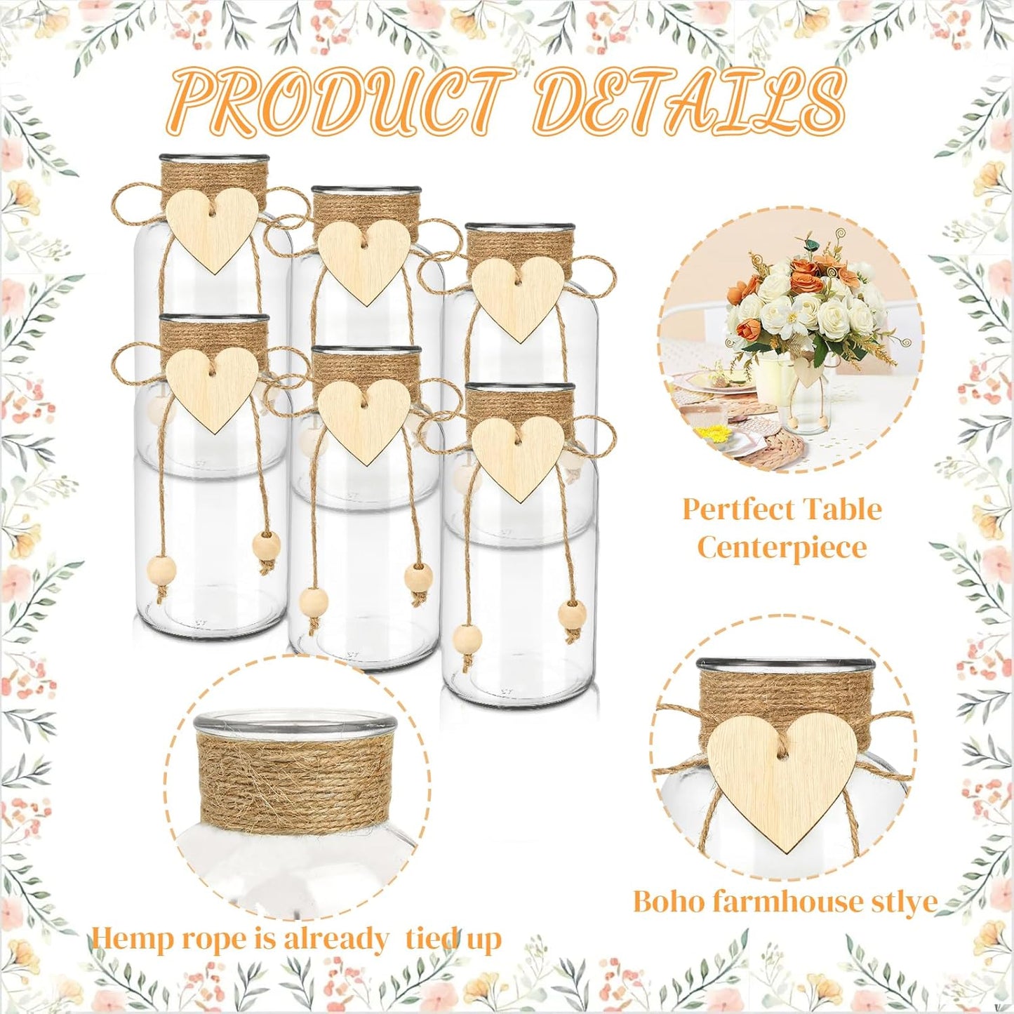 Vintage Glass Vases for Flowers, Set of 6 Mason Jar Vase Table Centerpieces for Farmhouse Room Decor, Wedding, Bridal Shower Bud Vase Set (Small)