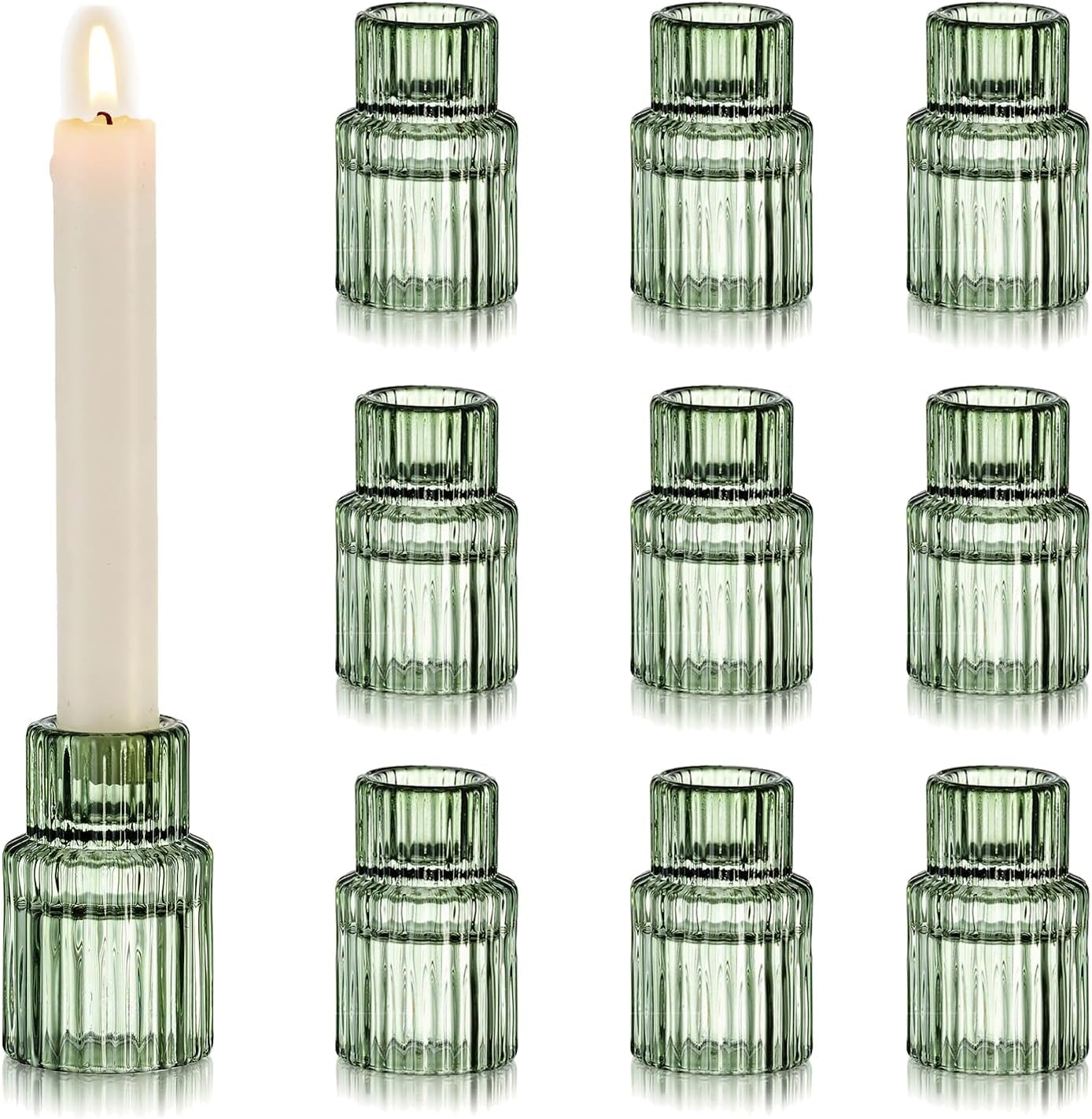 Hewory Glass Taper Candle Holders: 10 PCS Green Vintage Candle Holder Candlestick Holders Bulk, Ribbed Glass Candle Holder Candle Sticks Holder Decor for Table Centerpiece Wedding Christmas Home Decor
