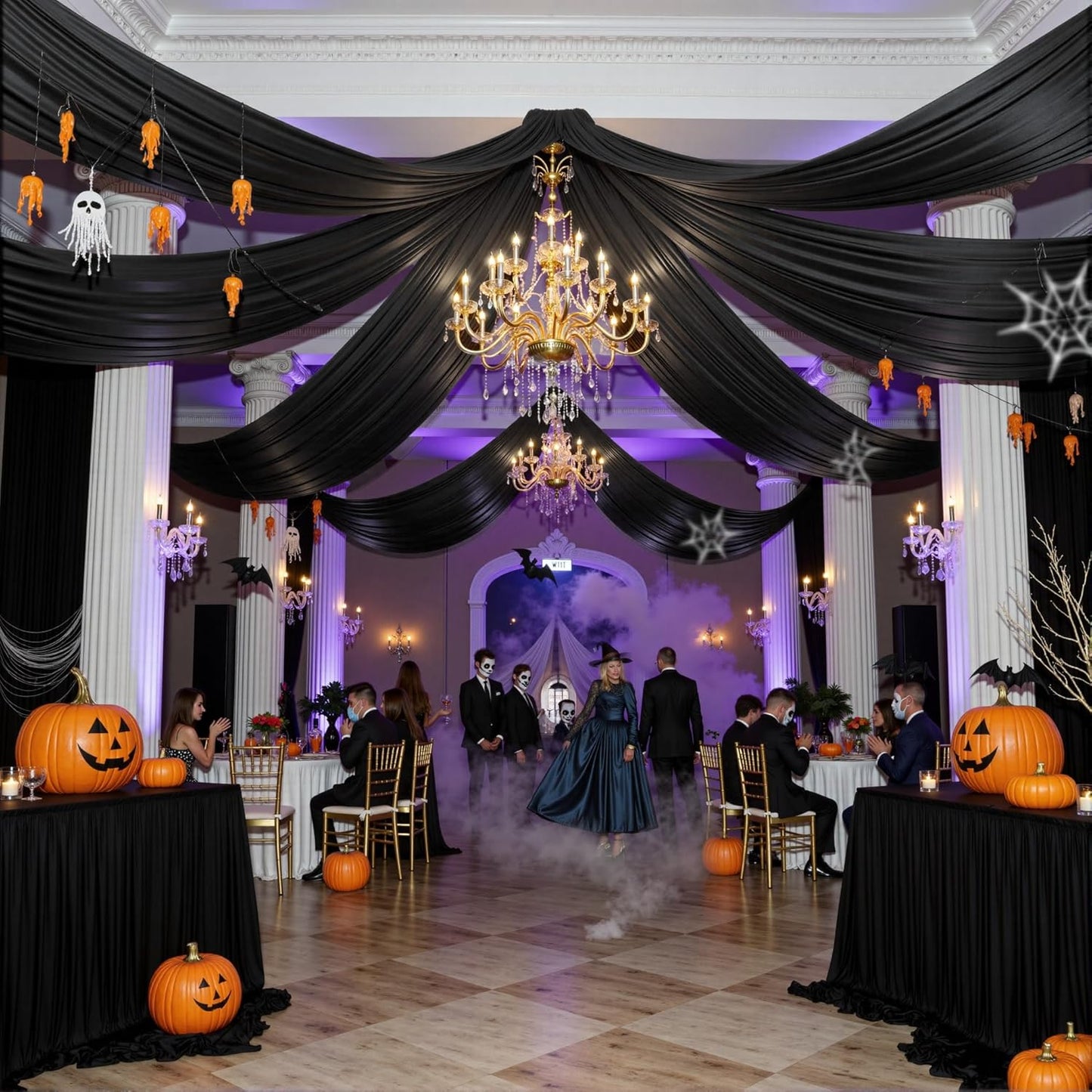 PartyVillage 4 Panels 5ftx30ft Black Ceiling Drapes for Halloween Parties – 30 FT Extra Long Thick Polyester Wrinkle-Free Drapery Tent Decor Decorations for Birthday Party Ceremony Stage Swag