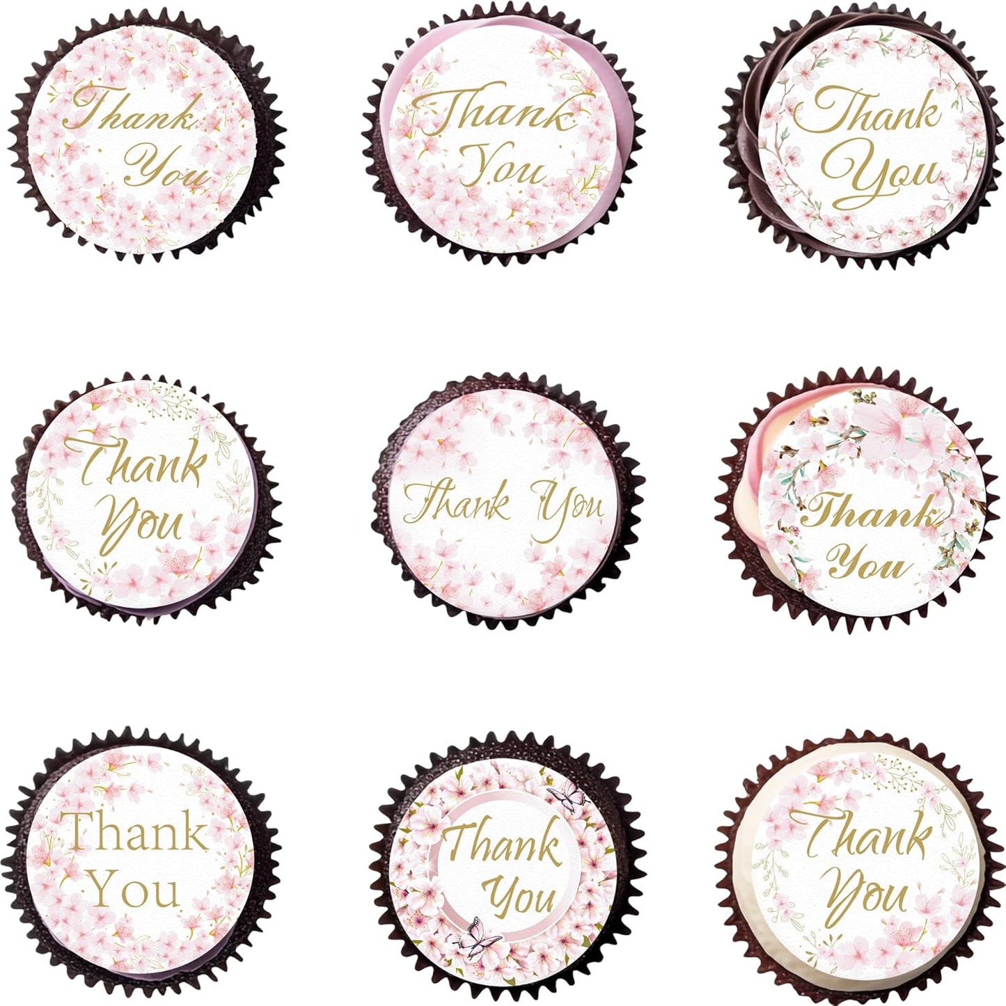 36PCS Edible Cherry Blossoms Thank You Cupcake Toppers Pink Edible Cherry Flowers Cake Decor Wafer Paper Thank You Cupcake Topper for Flowers Theme Baby Shower Birthday Party Decor Supplies