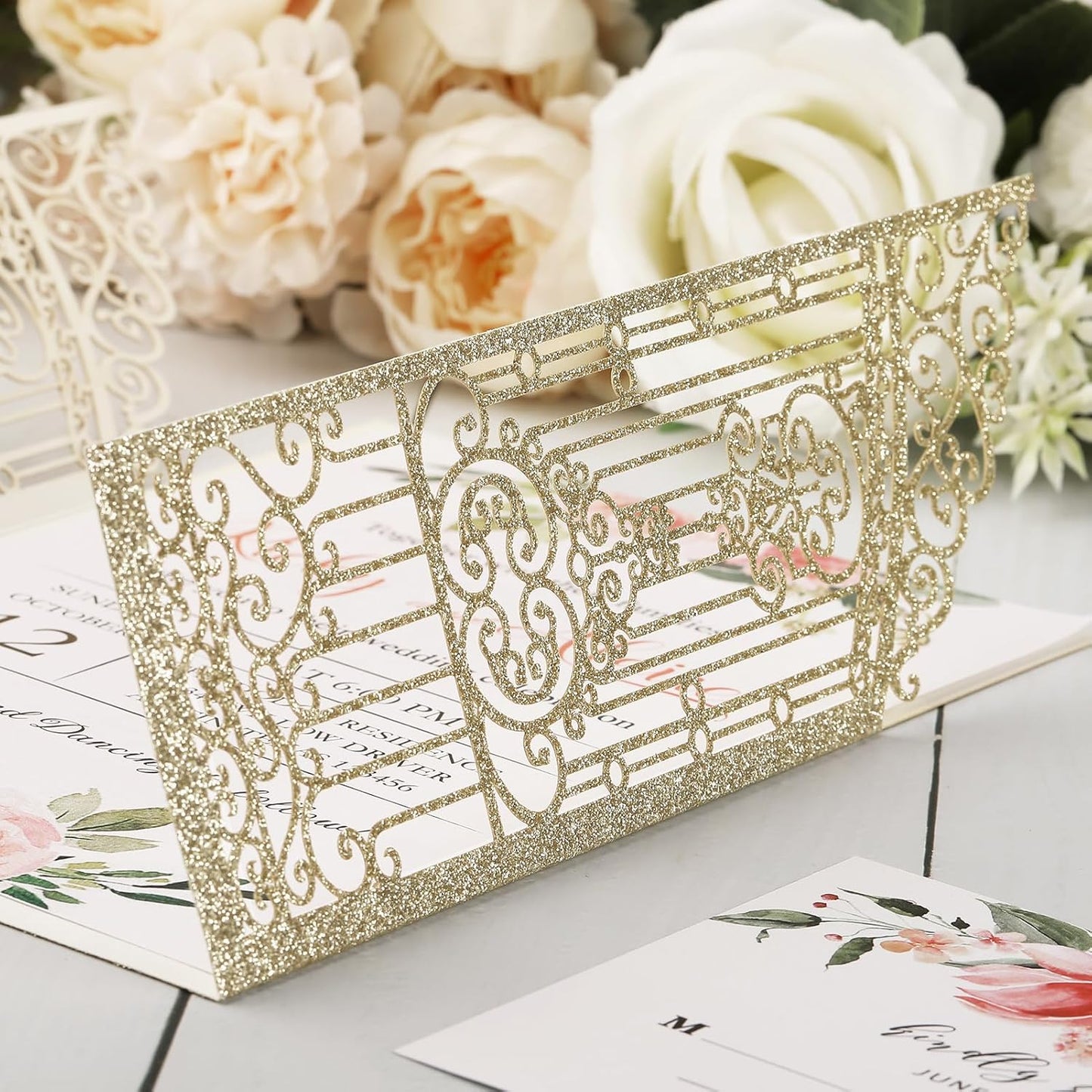 50PCS Gold Glitter Wedding Invitations Laser Cut Invitations with Envelopes and Rsvp Cards Personalized Inserts for Quinceanera Bridal Baby Shower Anniversary Birthday Engagement Fence Fold Design