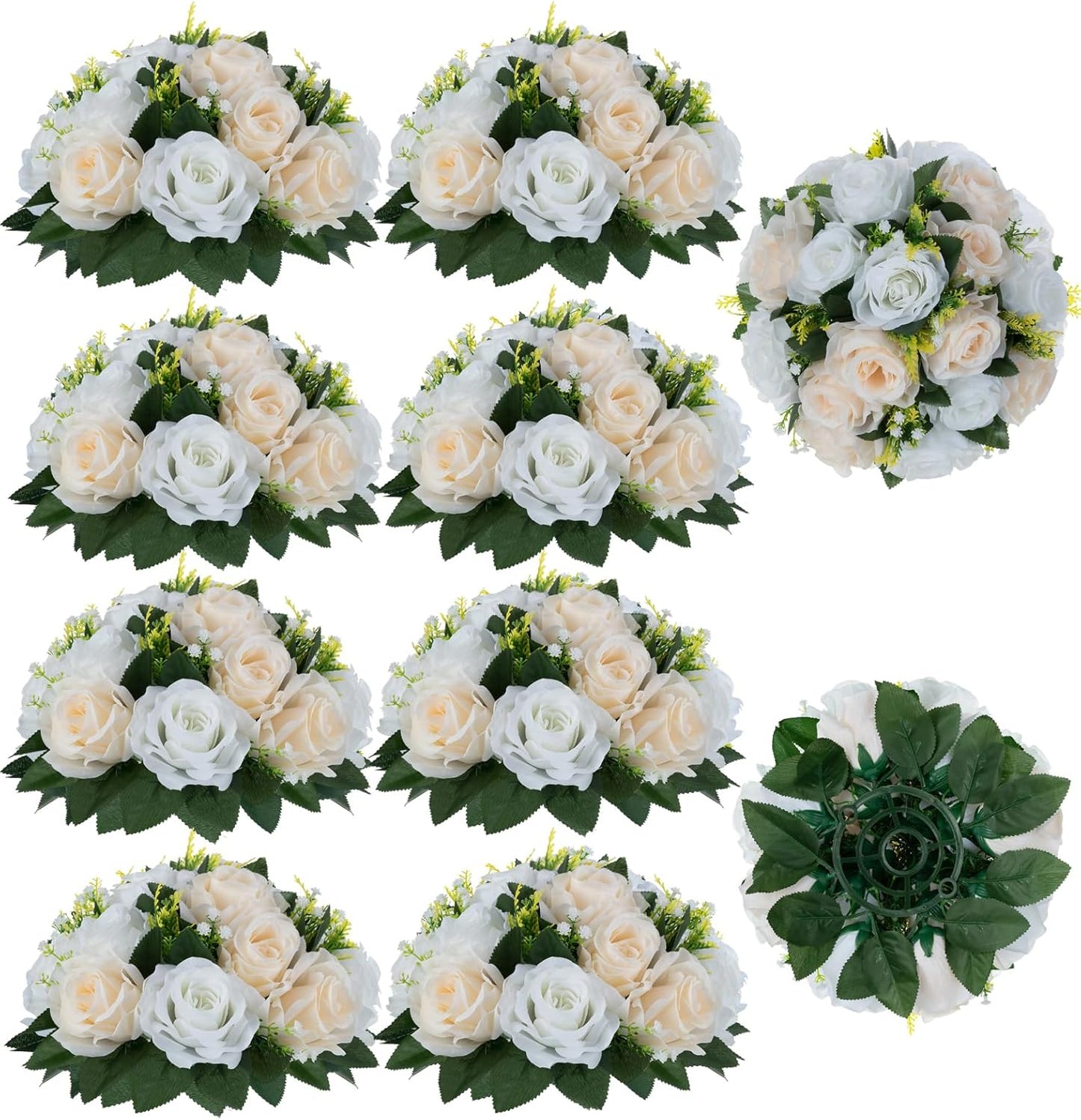 Flower Balls Wedding Rose Centerpieces: 10 Pcs Fake Flowers with Base Kissing Balls Decor Champagne &White Artificial Floral Arrangements Flower Bouquet of Roses Home Party Table DIY Decorationss