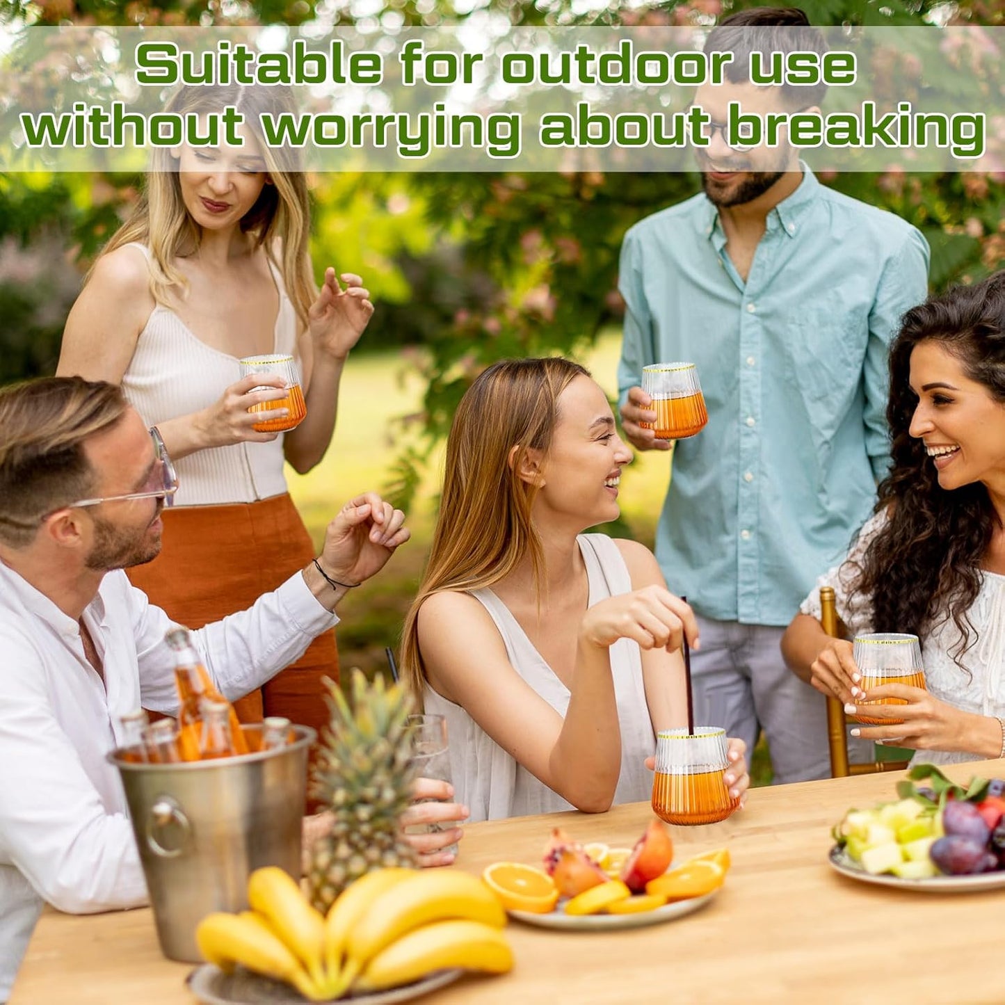 Suclain Plastic Wine Glasses Ribbed Stemless Wine Glasses 14oz Vertical Design Unbreakable Cups for Outdoor Indoor Vintage Elegant Champagne Whiskey Cups for Party Wedding(Clear, Gold,50 Pcs)