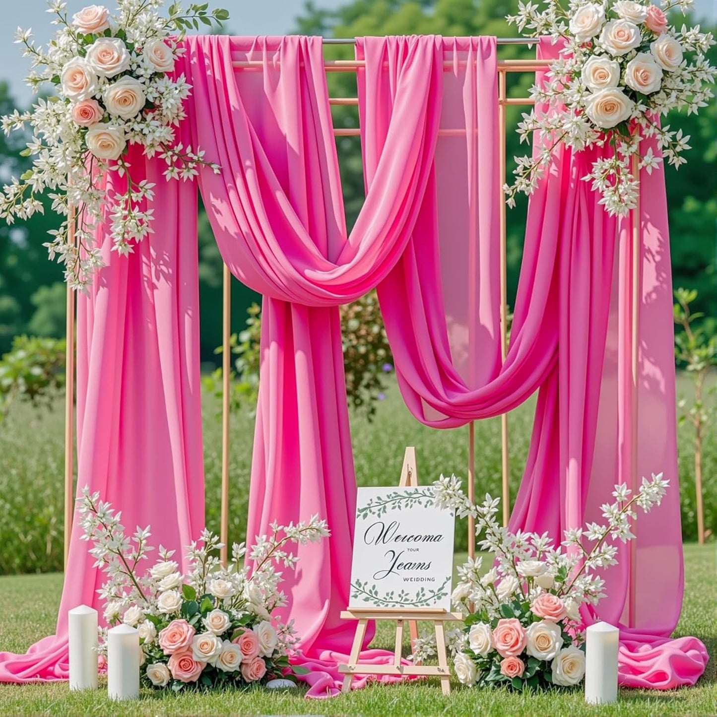 Wedding Arch Draping Fabric,1 Panel 18FT Hot Pink Sheer Chiffon Curtain Drapes 6 Yards for Wedding Ceremony Birthday Party Decoration
