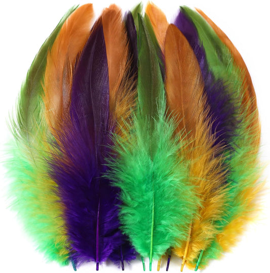 SOGUGOM Mardi Gras Rooster Tail Feathers - 200 pcs 5-7 inch Natural Rooster Tail Feathers Bulk for Mardi Gras, Costume and Party(Mardi Gras)