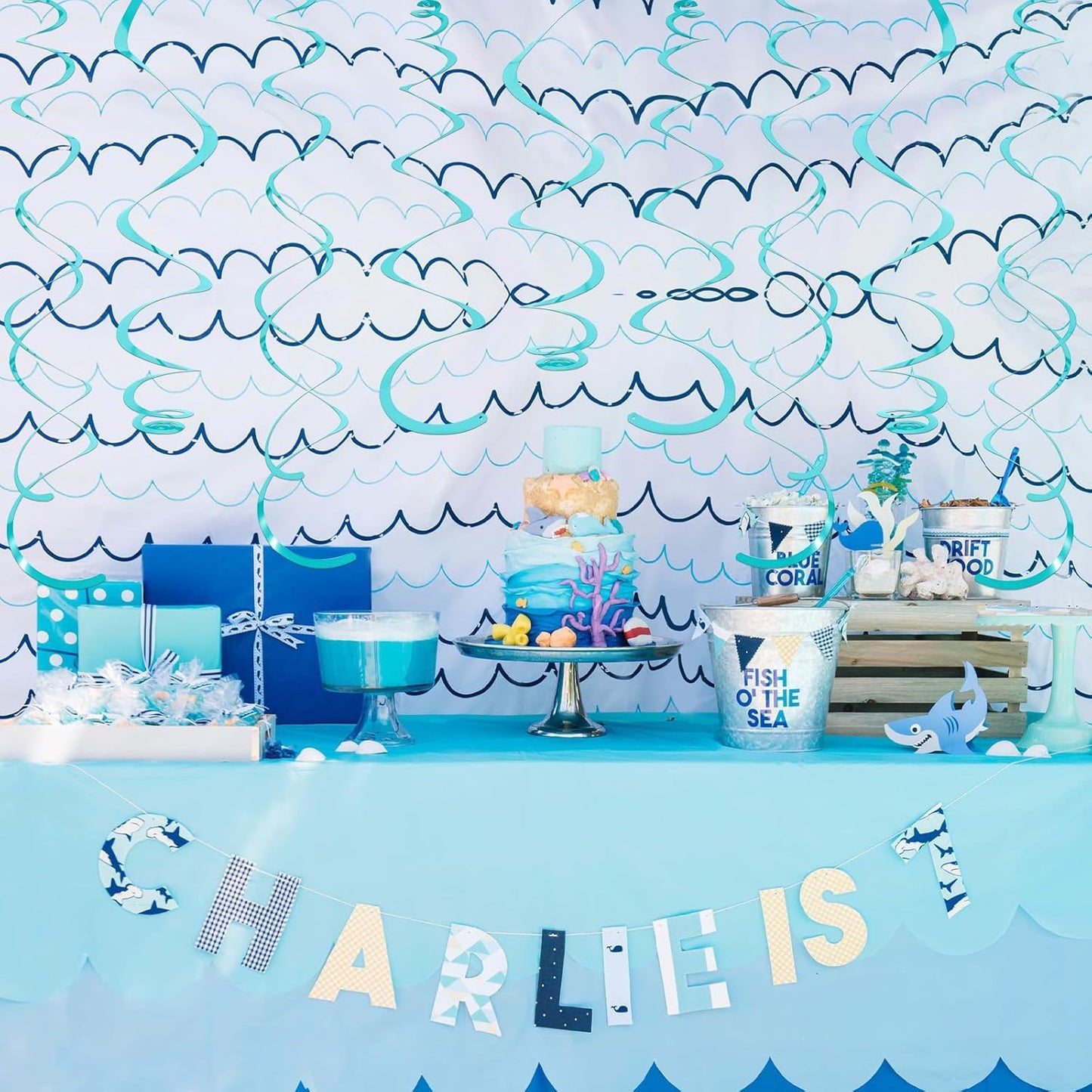 24 PCS Teal Hanging Swirl, Sparkle Ceiling Hanging Decorations, Plastic Streamer Party Decorations with Double-Swirls and Single-Swirls for Birthday Decorations, Graduation, Baby Shower