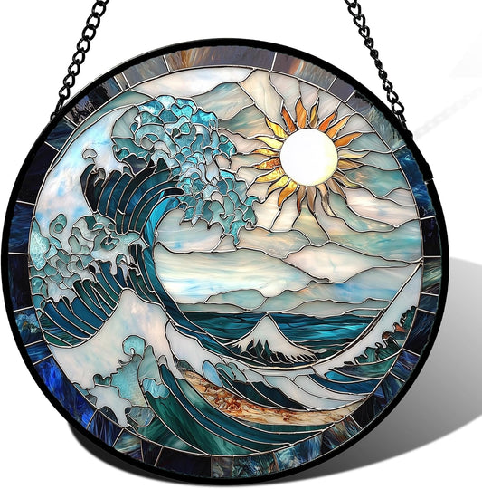 Stained Glass Window Hanging - White Sun Big Wave Suncatcher for Door Terrace Garden Home Decor Blue Ocean Landscape Sun Catcher Birthday Gifts for Lovers Women Men Dad Mom Nana 7.8 in