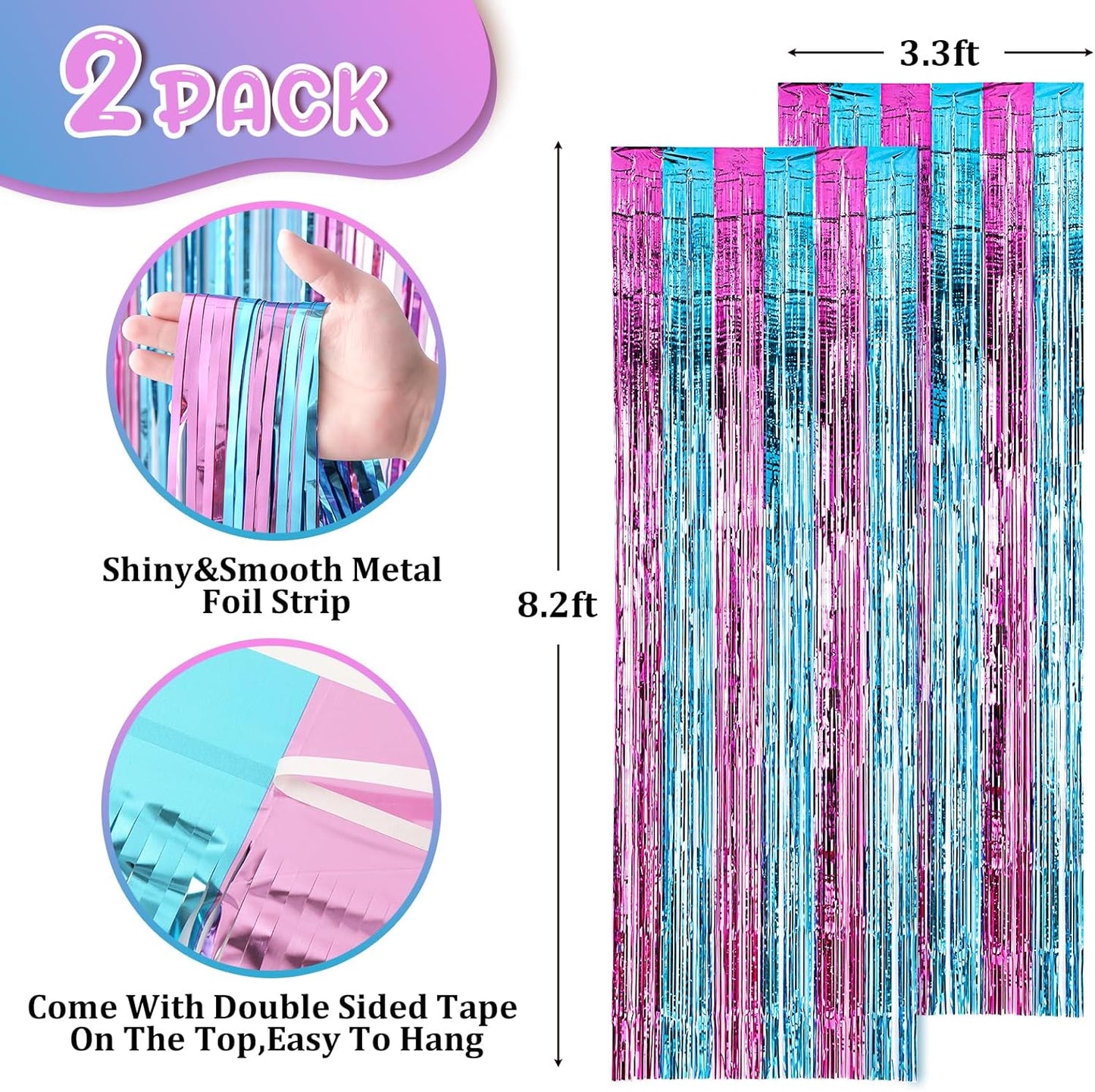 2 Pack 3.3x8.2 Feet Blue and Pink Foil Fringe Backdrop Curtains, Tinsel Streamers Birthday Party Decorations, Fringe Backdrop for Graduation, Baby Shower, Gender Reveal, Disco Party