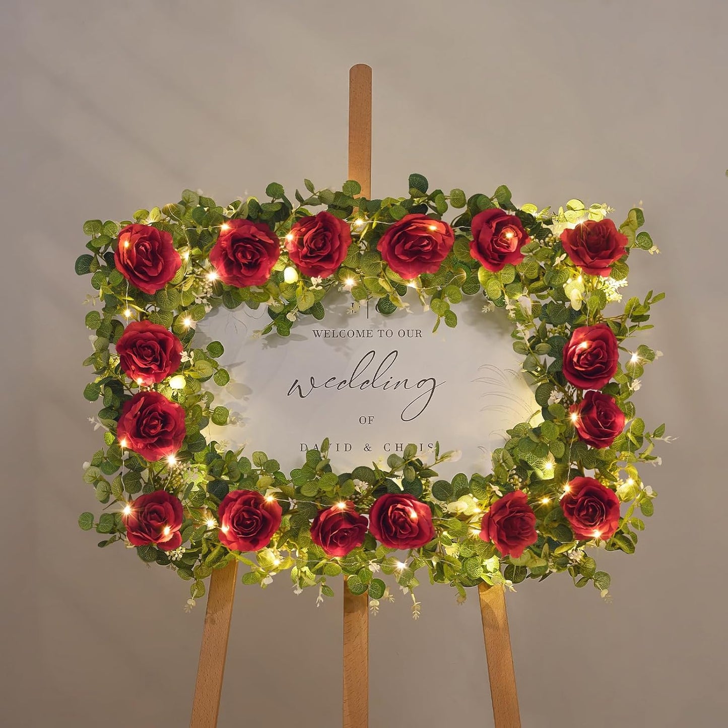 Dolicer 2Pcs 13Ft Artificial Eucalyptus Garlands with Flowers - 8 Roses, Faux Floral Greenery Garlands with 13Ft String Lights Fake Flowers Vines for Wedding Table Centerpieces Arch Party Decor (Red)