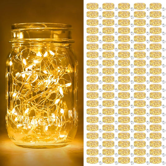 btfarm 100 Pack Fairy Lights Battery Operated [3 Modes], 7ft 20 Led Twinkle Lights String Lights Waterproof Bulk Small Mini Silver Wire for Christmas Mason Jars Wedding Table Centerpiece, Warm White