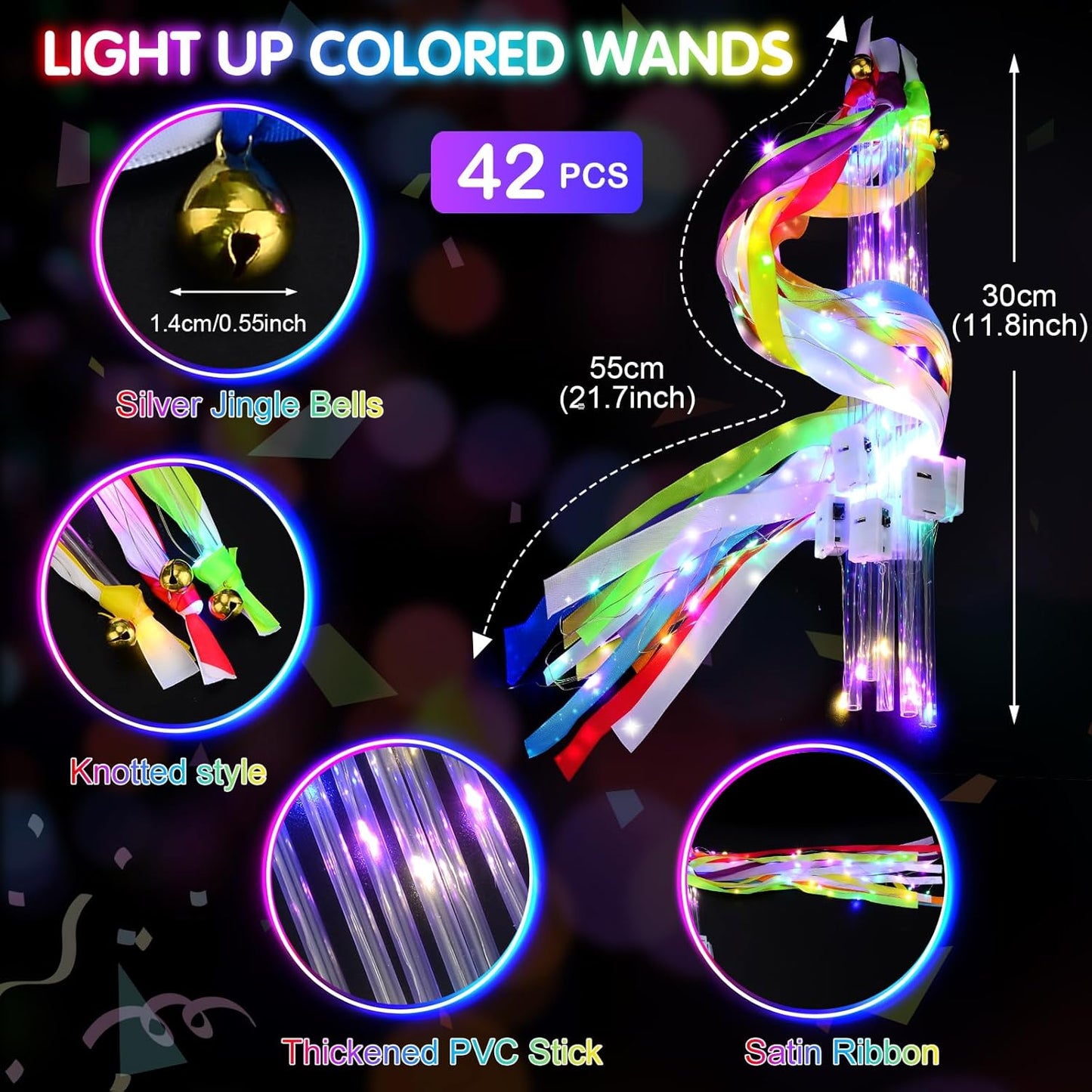 42 PCS Light Up Wands for Wedding, Wedding Favors with 3 Colorful Flashing Modes, LED Fairy Wands with Bells for Wedding Send Off, New Year, Raves, Concert, Birthday, Party Streamers