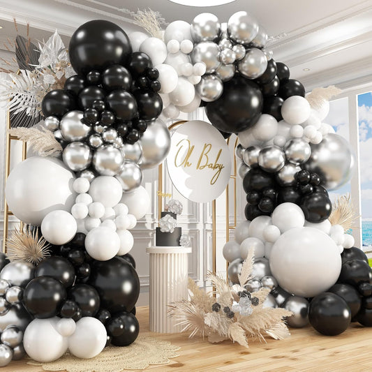 412Pcs Black and Silver White Balloon Arch Kit, 18 12 10 5 Inch Different Size Black and Silver White Balloons for Graduation Birthday Wedding Party Decorations