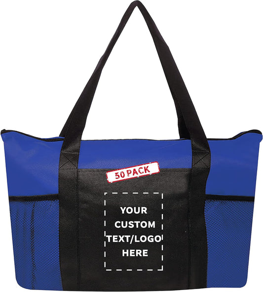 DISCOUNT PROMOS 50 Zippered Non-Woven Tote Bags Set - Customizable Text, Logo - Mesh Pocket, Zippered, Recyclable, Reusable - Blue - 19"X14"X3", with Zipper