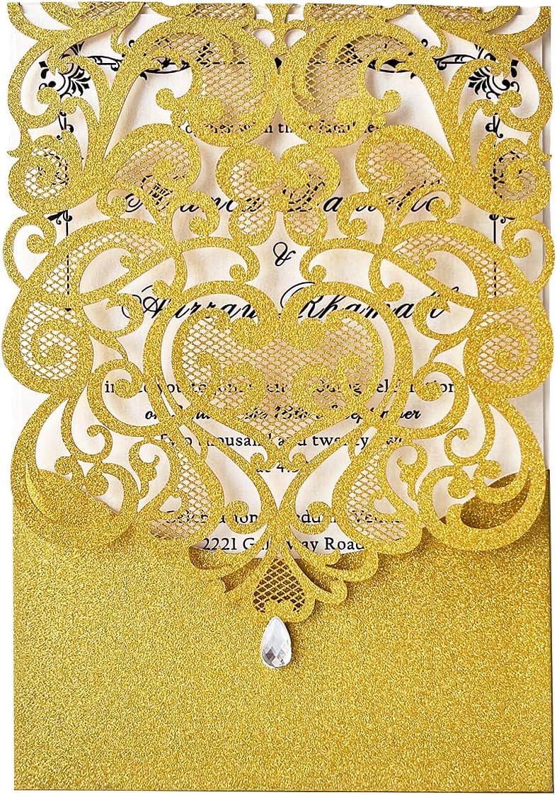 Hosmsua 50PCS Blank Wedding Invitation Cards 5 x 7.3 Inch Gold Laser Cut Hollow Heart Floral Invitation with Rhinestone pockets invitations for Engagement Quinceanera Invite (Gold Glitter)