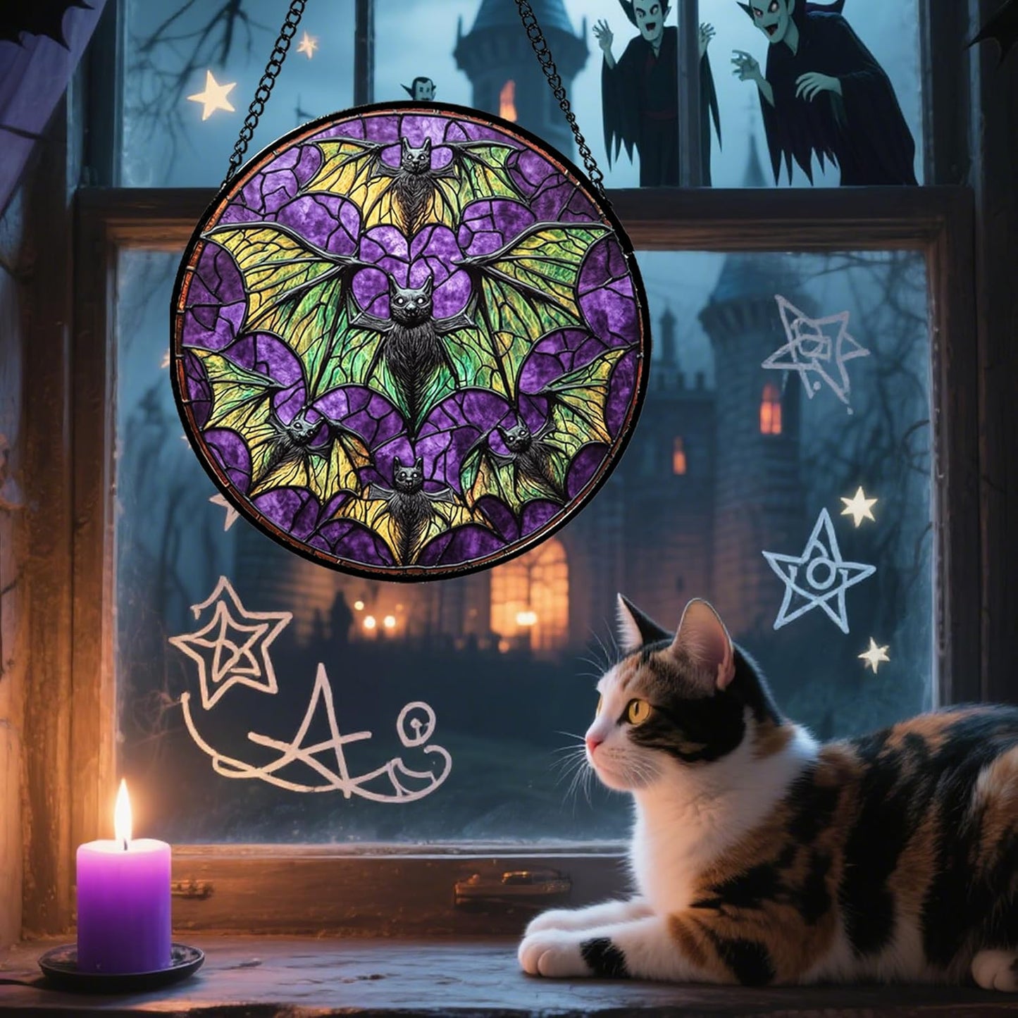 Stained Glass Window Hanging - Halloween Decorations Bats Suncatcher for Doors Garden Indoor Spooky Funny Purple Sun Catchers Gothic Decor Horror Gifts for Women Men Friend 9.8 in