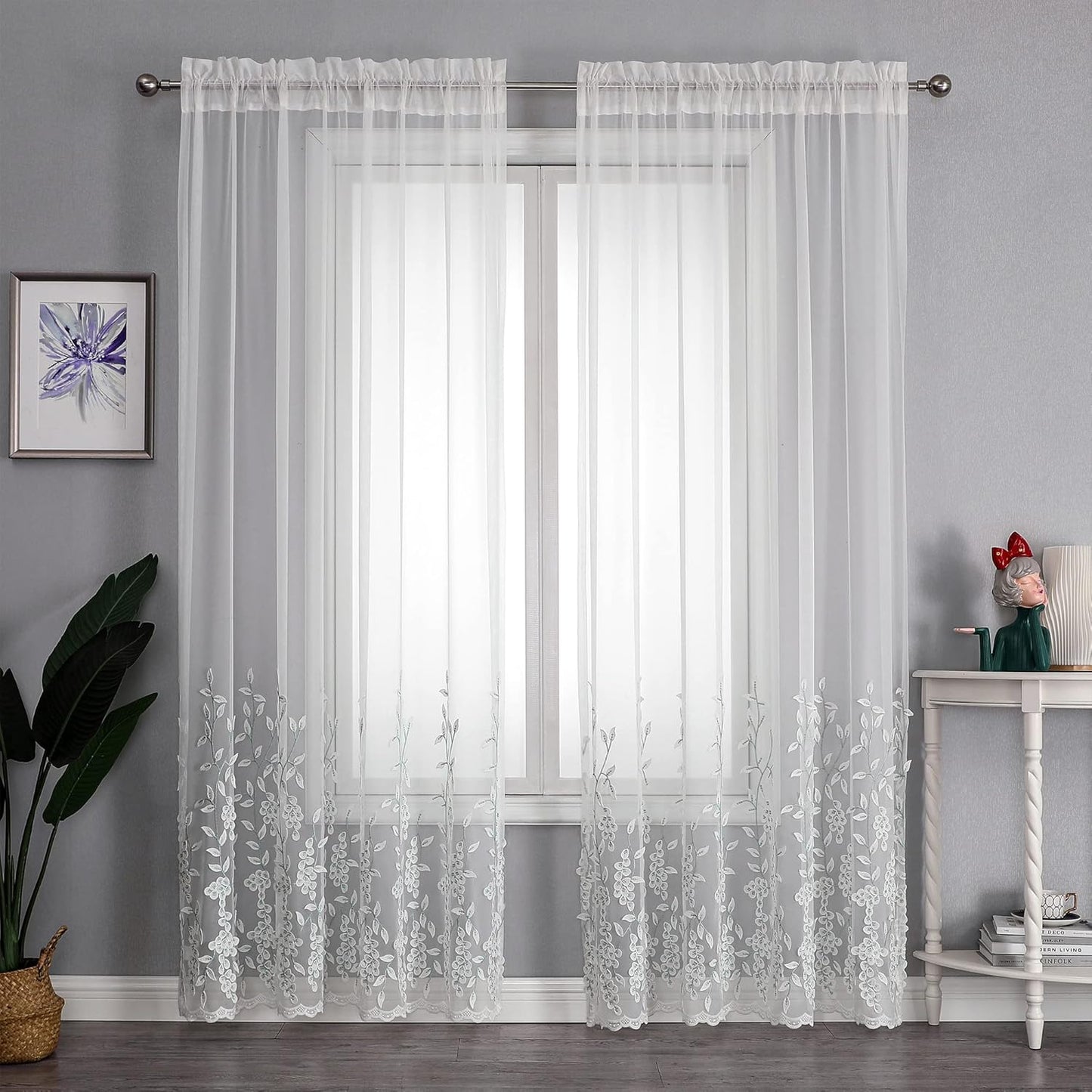 VISIONTEX White Sheer Voile Curtains, Decorative White Embossed Drip Rod Pocket Window Drapes for Home Kitchen, Living Room and Bedroom 54 x 72 Inch, Set of 2 Curtain Panels