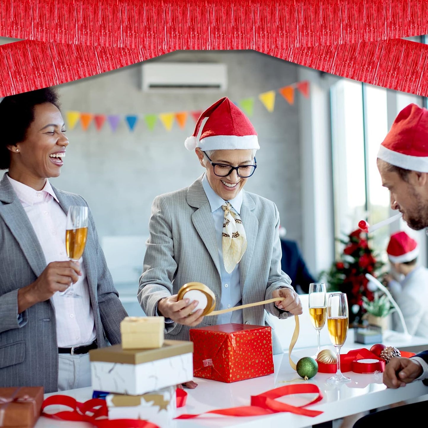 10 Pack 10 Feet Red Foil Fringe Garland Metallic Tinsel Streamers Banner Wall Hanging Curtain Backdrop for Parade Floats, Bachelorette, Wedding, Birthday, Halloween, Christmas Party Decorations