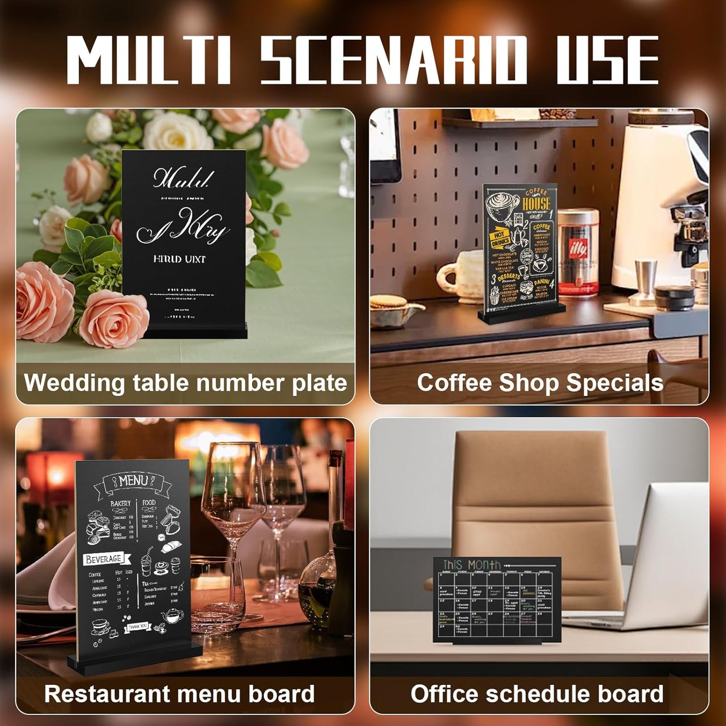 EHWINE Mini Chalkboard Easel Sign Set,4 Pack 6x8 Inch Wooden Boards with Acrylic Base and Liquid Chalk Markers, Reusable Double Sided Tabletop Display for Wedding, Restaurant, Party, Coffee Shop Decor