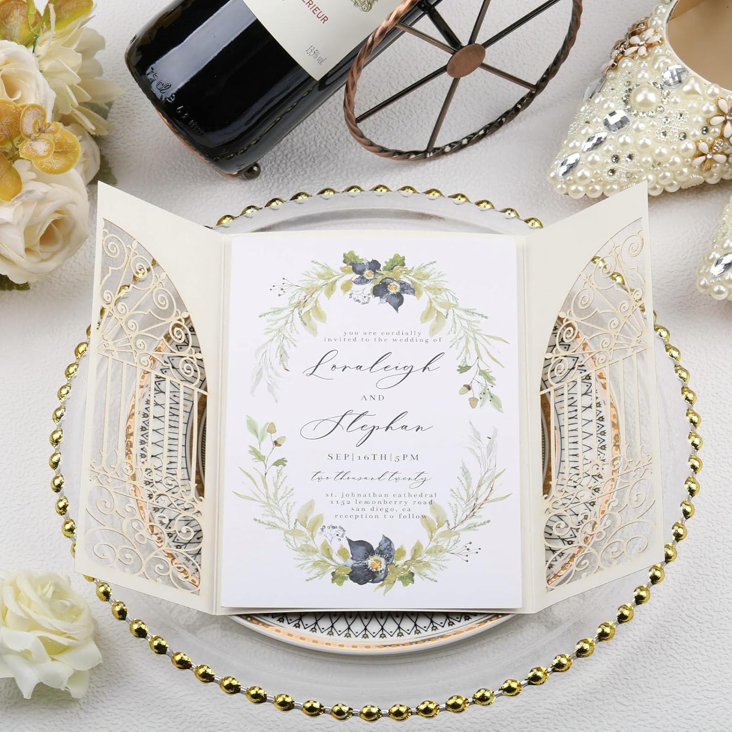 25Pcs Light Gold Glitter Laser Cut Wedding Invitation Kits with Envelopes and RSVP Cards Personalized Invitations for Sweet 16 Baby Bridal Shower Engagement Quinceanera Invite