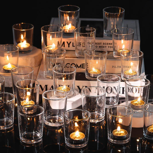 DARJEN 60Pcs Votive Candle Holders- Clear Tea Lights Candle Holder, Glass Candle Holders Bulk for Wedding Centerpieces, Festival & Party Table Centerpiece Decor