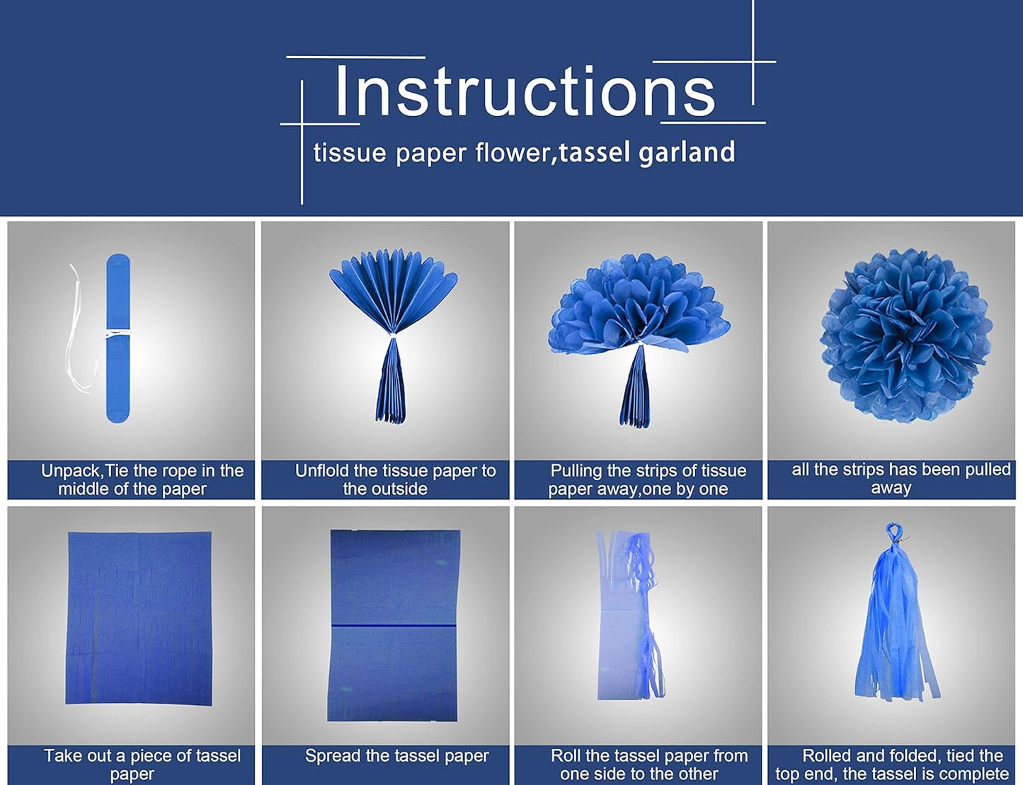 Teal Silver White Navy-Blue Party-Decorations - 30pcs Tissue Paper Flowers Pom Poms Tassel Garland Pennant Banner Flag Streamers Birthday Decorations Boy Men Christmas Baby Shower Winter Hanging Decor