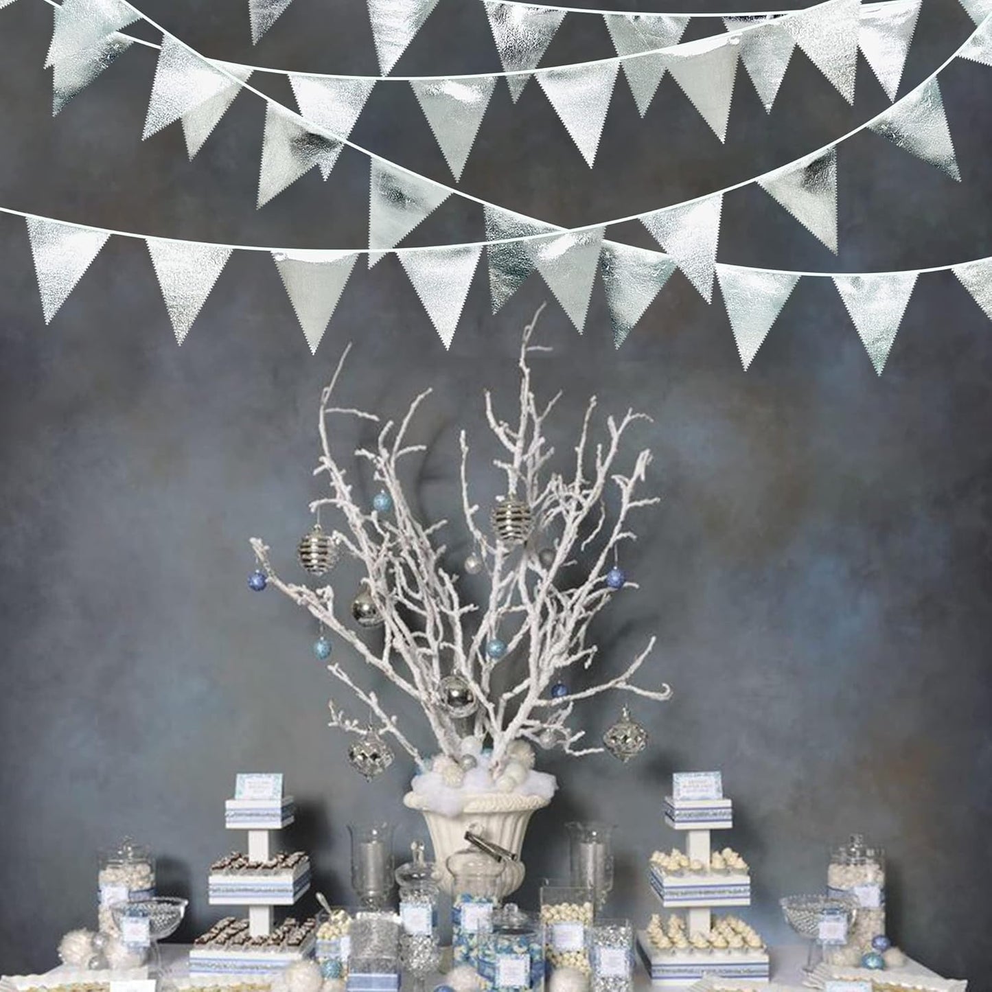 Silver Party Decorations Metallic Fabric Triangle Pennant Banner Silver Flag Bunting Garland for Graduation Birthday Wedding Bridal Shower Anniversary Engagement Bachelorette Party Decoration Supplies