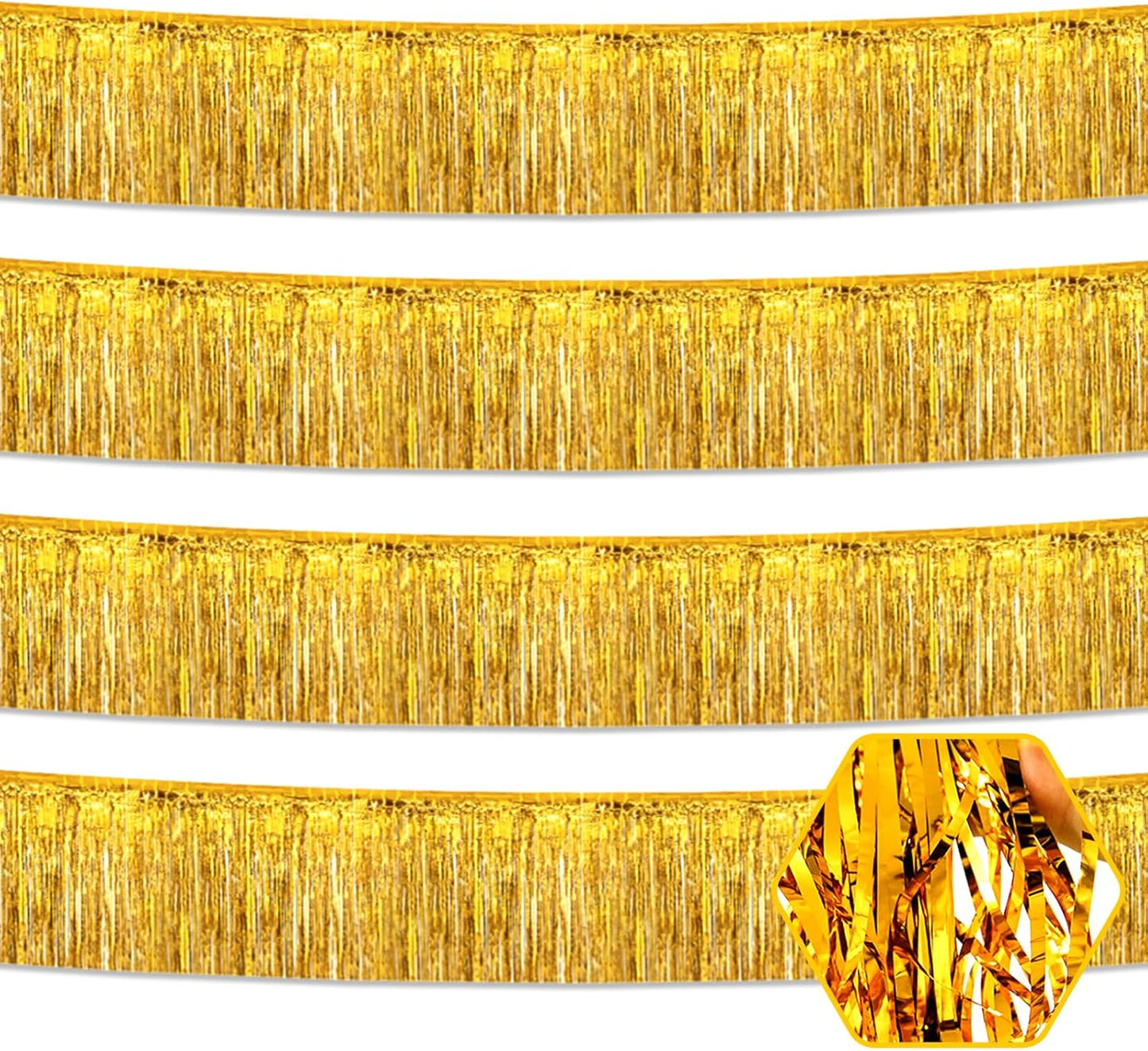 4 Pack 10 Feet Gold Foil Fringe Garland Metallic Tinsel Streamers Banner Wall Hanging Curtain Backdrop for Parade Floats, Wedding, Graduate, Mother's Day, Birthday Party Decoration