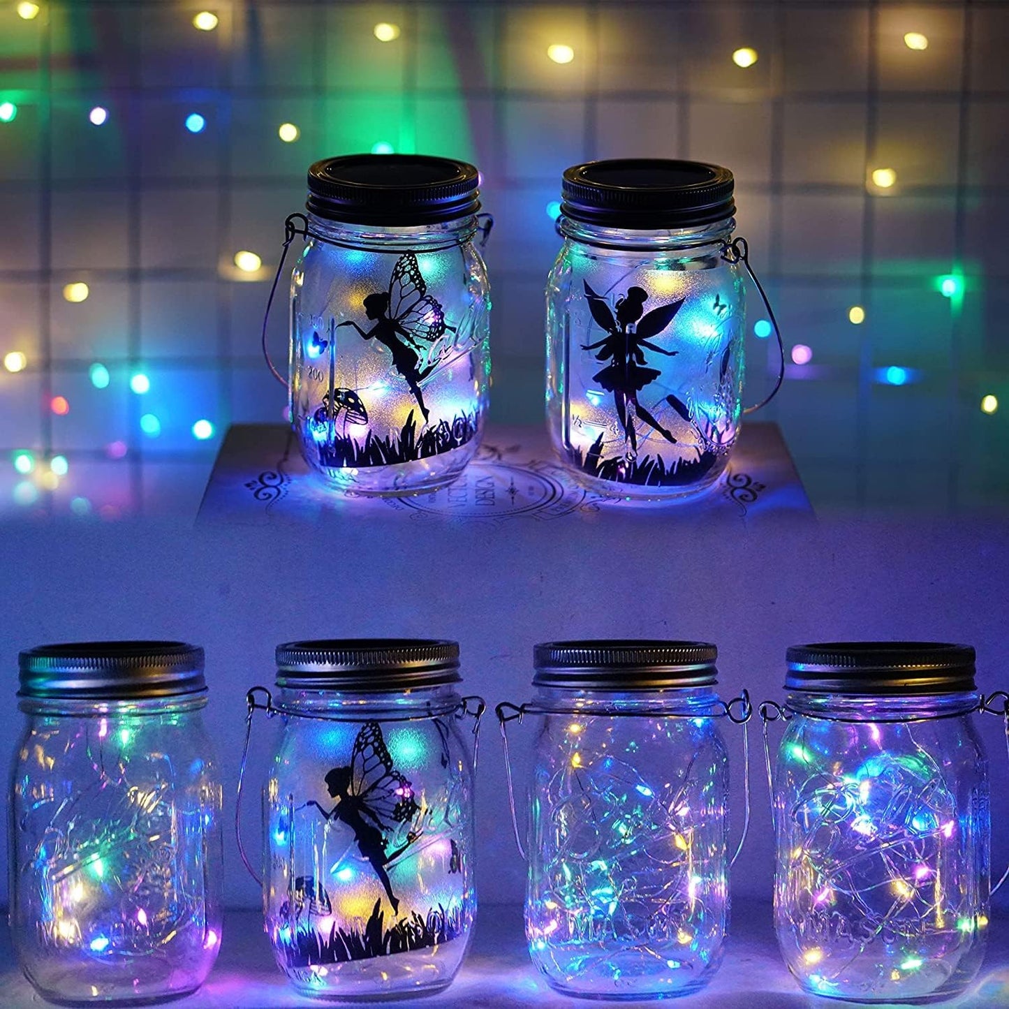 Solar Mason Jar Lid String Lights, 8 Pack 20 Led String Fairy Star Firefly Jar Lids Lights with 8 Hangers Included, for Patio Garden Wedding Lantern (Multi-Colored)