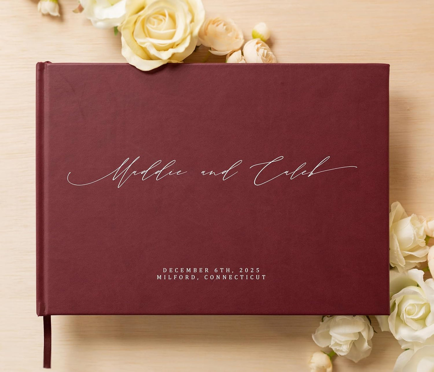 MUUJEE Personalized Guestbook in Wine - Premium Custom Modern Guest Book for Wedding Reception, Birthday Party or Events w/Bookmark Blank Pages for Signing 11.5 x 8.5 inches