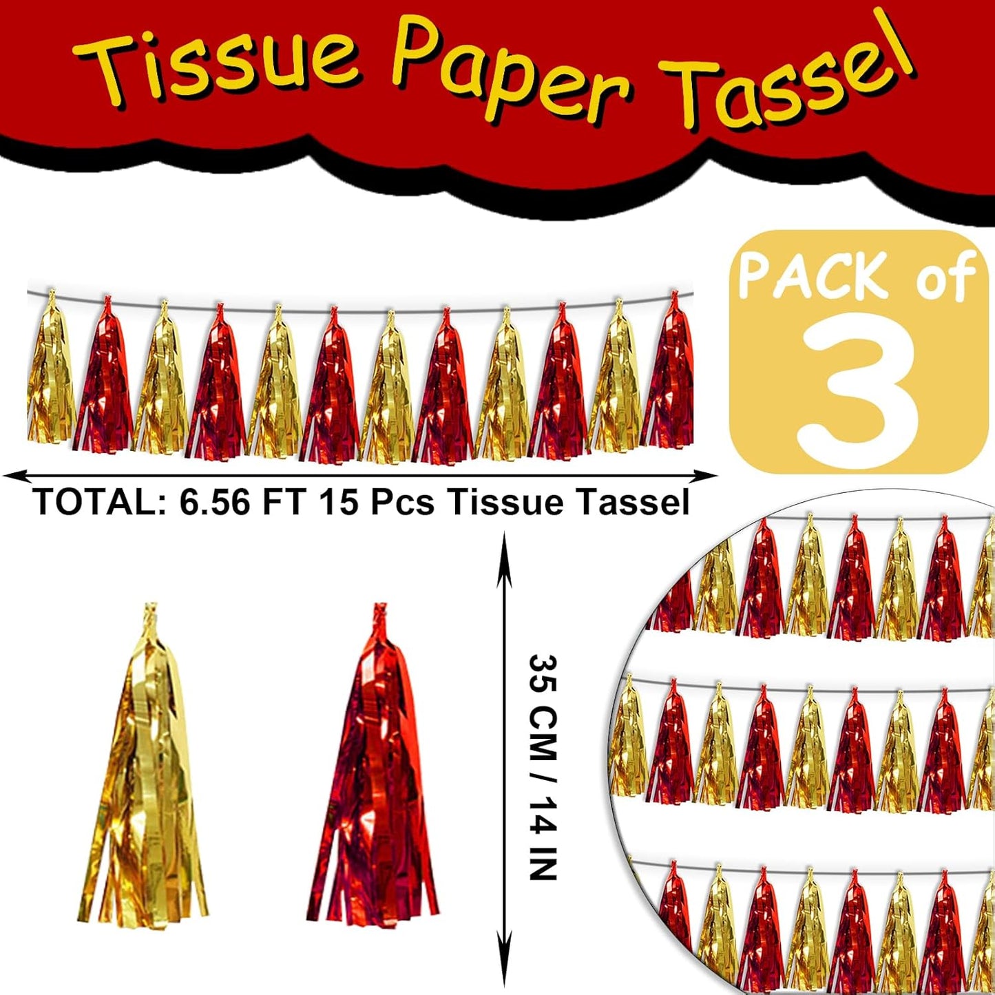 3P Red Gold Metallic Fringe Banner Garland Foil Tinsel Streamer Wall Hanging Curtain Backdrop Banners for Parade Floats Graduation Halloween, Christmas, Baby Bridal Shower Party Decorations