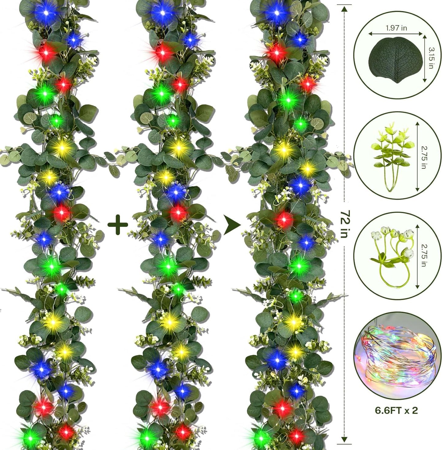 Eucalyptus Garland with Lights, 2Pcs 6FT Green Flower Garland Decor, Artificial Faux Eucalyptus Leaves Greenery Vines for Table Runner Wedding Bedroom Mantle Arches Backdrops Decorations