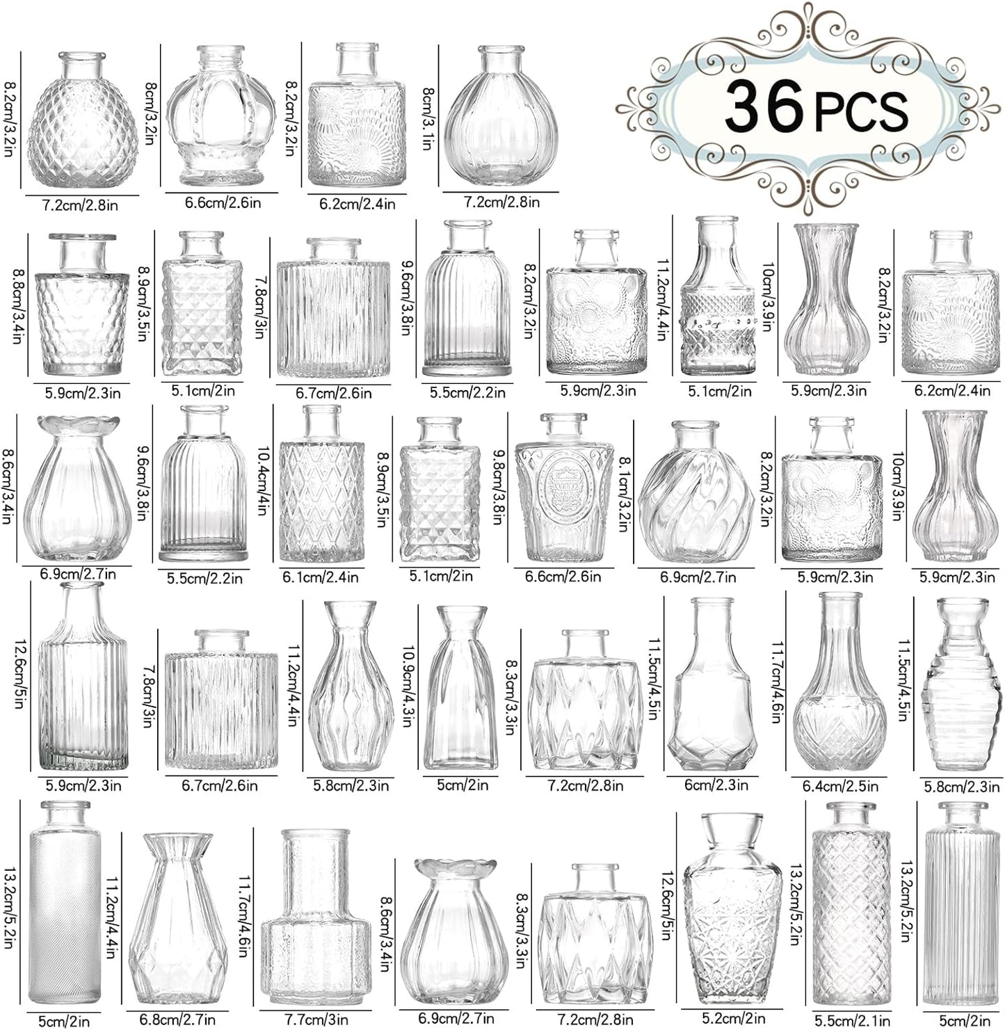 Bud Vases Set of 36,Small Vases for Centerpieces, Glass Bud Vase in Bulk, Mini Vintage Flowers Vase for Wedding, Home Table Decor,Christmas,Party Decoration,Clear