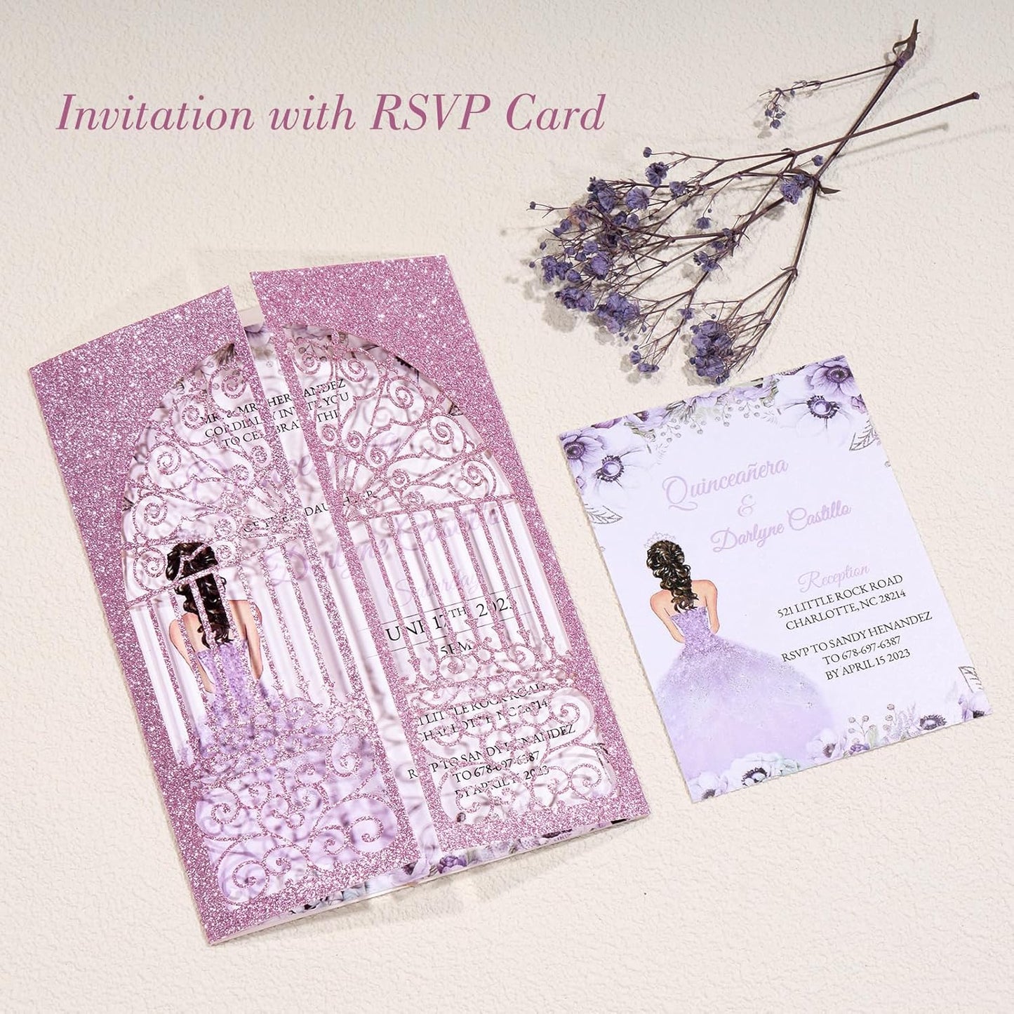 Personalized Wedding Invitations with Envelopes and RSVP Cards Blank 25pcs Light Purple Glitter Laser Cut Invitation Pockets for Wedding Bridal Shower Birthday Quinceañera Anniversary