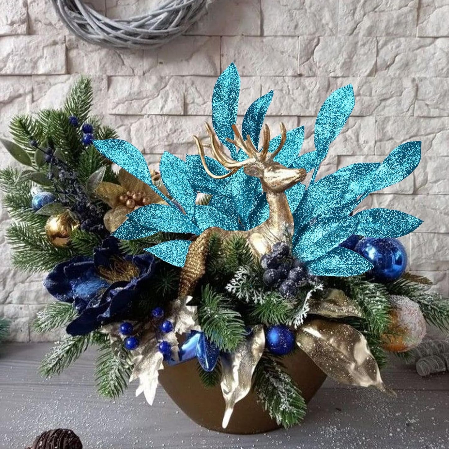 GREENTIME 12 Pack Artificial Blue Glitter Leaves 13" Fake Christmas Picks Decorative Glitter Sticks for Vase Christmas Tree DIY Wreath Crafts Fireplace Decor