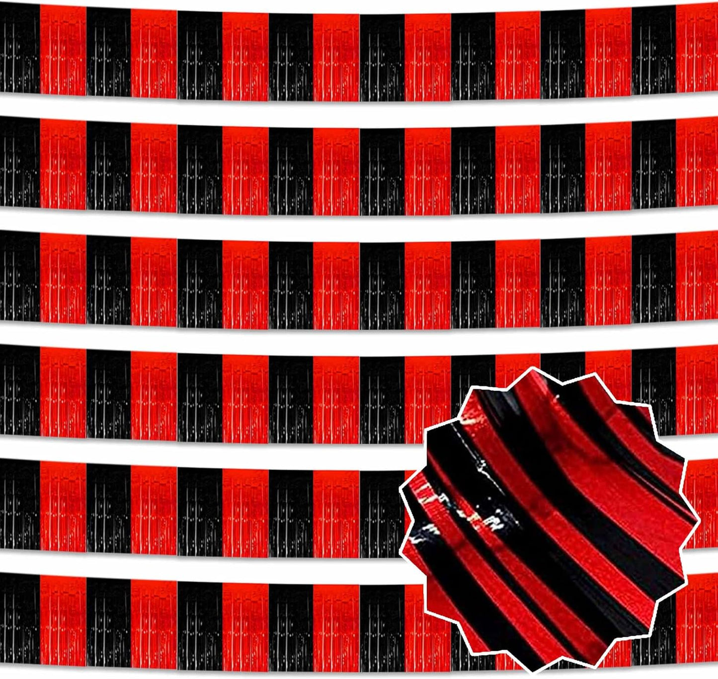 6 Pack 10 Ft Black and Red Foil Fringe Garland Metallic Streamers Tinsel Banner Wall Hanging Garland Backdrop for Parade Floats, Halloween, Christmas, Thanksgiving, New Year Party Decorations