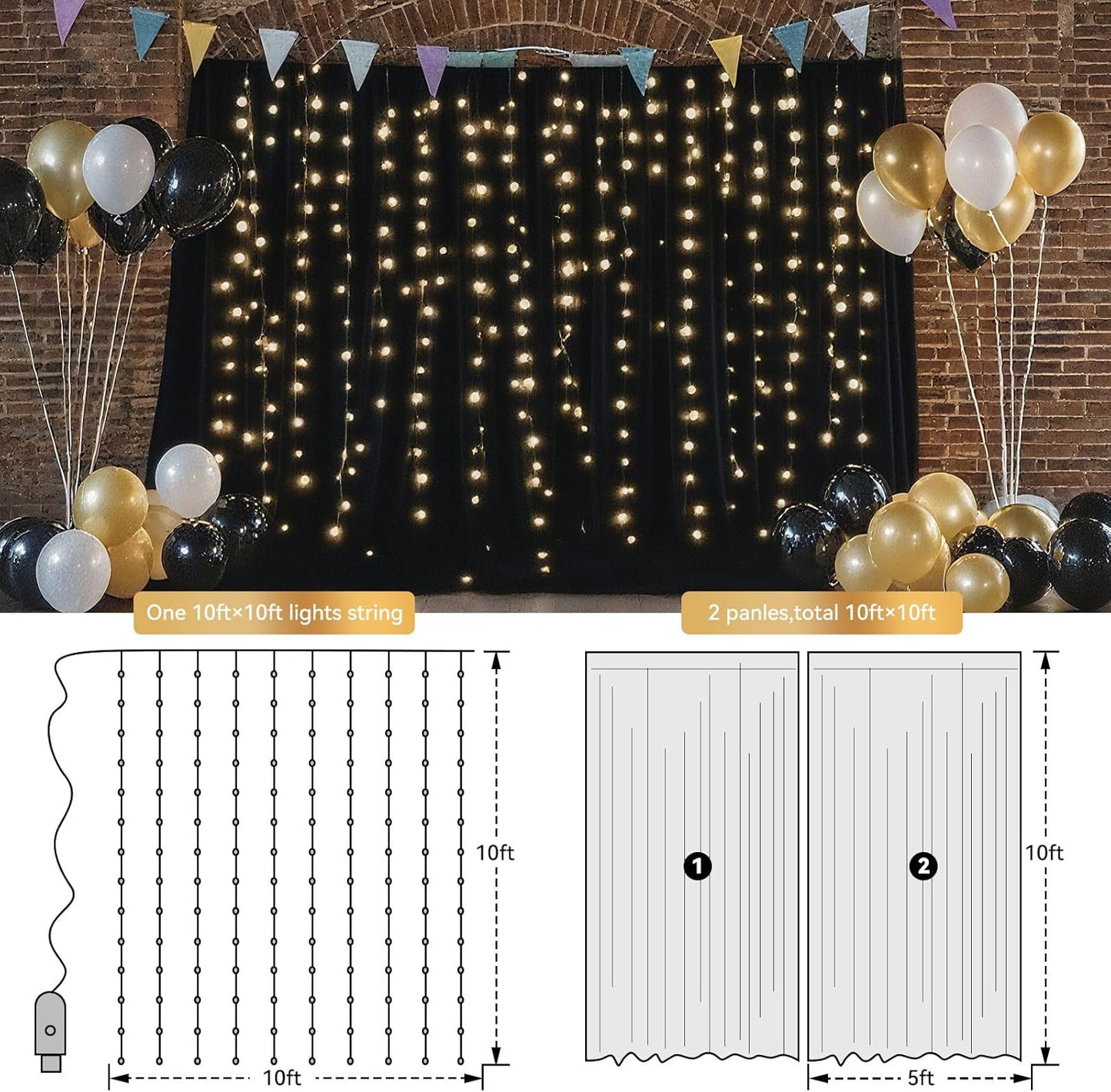 10×10ft Tulle Backdrop Curtains with Lights String - 300LED Fairy Lights Sheer Curtain Backdrop for Weddings Baby Shower and Birthday Party Decorations(4 Panels 5×10ft)