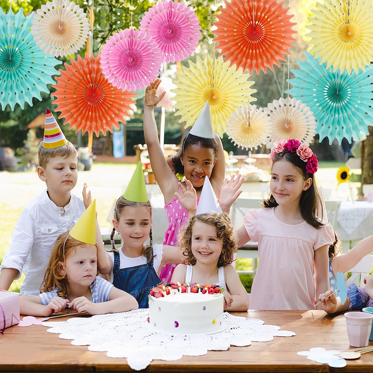 SUNBEAUTY Pack of 11 Peach Pink Yellow Mint Green Hanging Honeycomb Round Paper Fans for Birthday Baby Shower Bachelorette Anniversary Wedding Photo Booth Backdrop Party Decoration