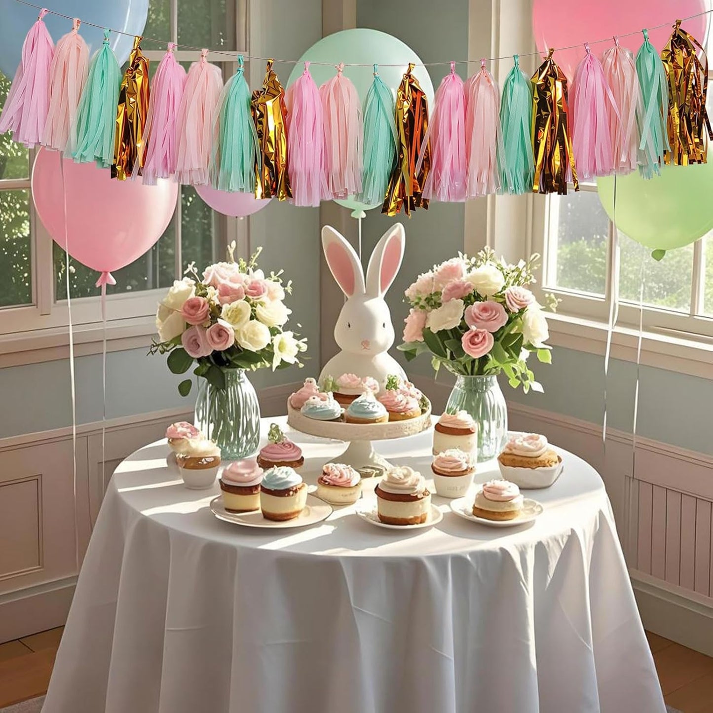 Shiny Tassel Garland Tissue Paper Tassel Banner,Tassels Party Decorations for Wedding,Birthday,Bridal/Baby Shower,Pack of 20 (Gold/Mint/Peach/Pink)