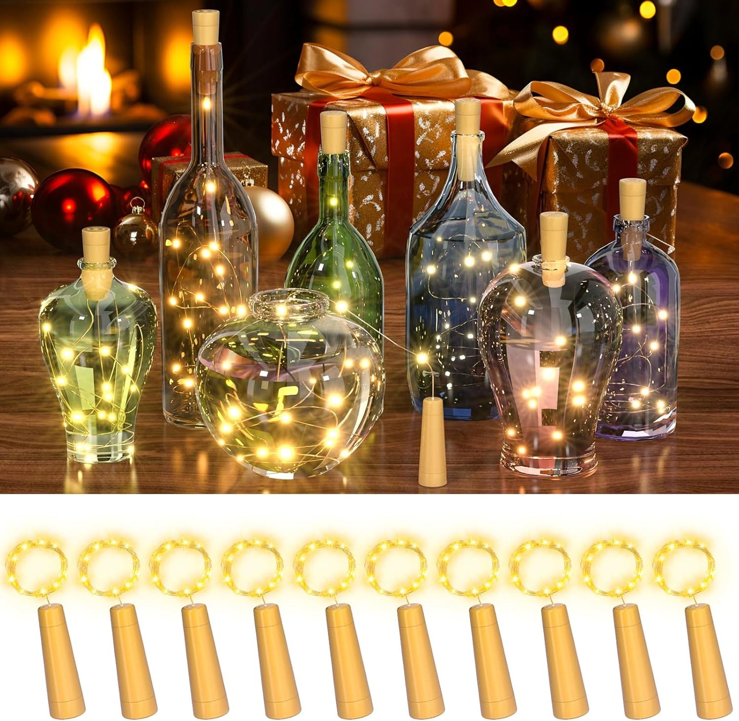 PChero Wine Bottle Cork Lights with Timer, 10 Pack 20 LED 6.6 ft Fairy String Lights Battery Operated for DIY Party Wedding Christmas Festival Bar Decoration, Warm White