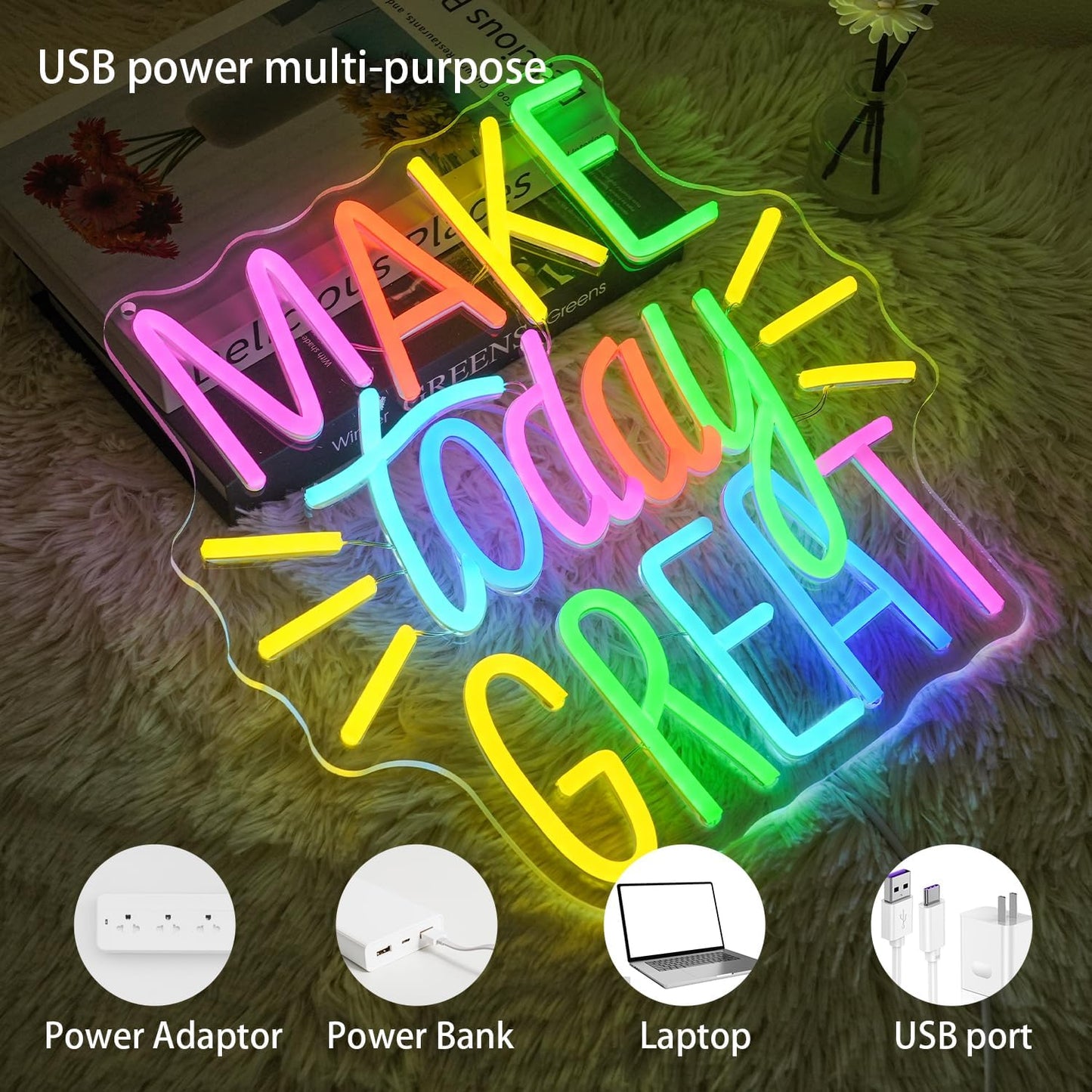 Make Today Great Neon Sign for Wall Decor, Inspirational Colorful Letter Neon Light, Dimmable Motivational Word Led Light Up Sign for Classroom, Cafe, Wedding Party,Birthday Wall Decor