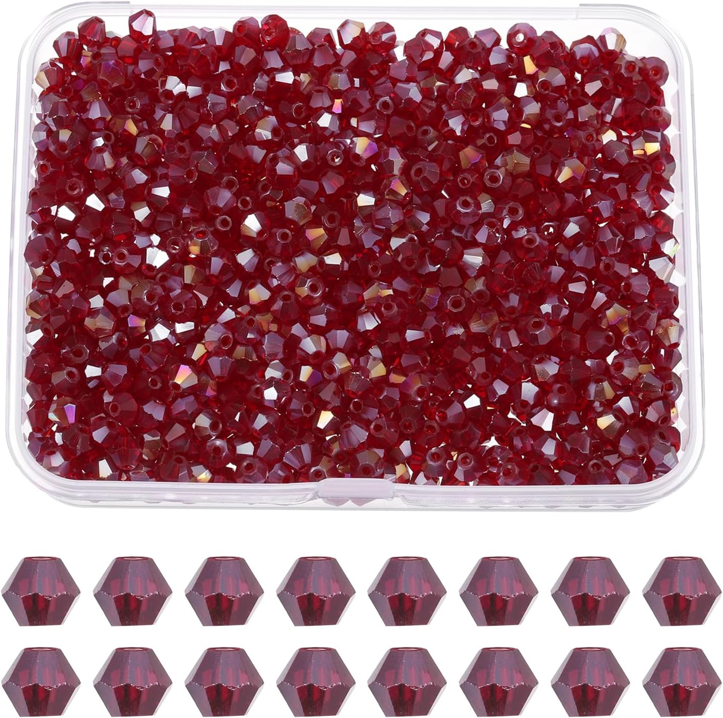 PATIKIL 1000pcs 4mm Bicone Glass Crystal Beads, Faceted Glass Spacer Beads with Box for Jewelry Making Bracelet Necklace Earrings DIY Suncatcher Craft, Dark Red AB