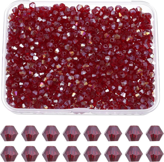 PATIKIL 1000pcs 4mm Bicone Glass Crystal Beads, Faceted Glass Spacer Beads with Box for Jewelry Making Bracelet Necklace Earrings DIY Suncatcher Craft, Dark Red AB