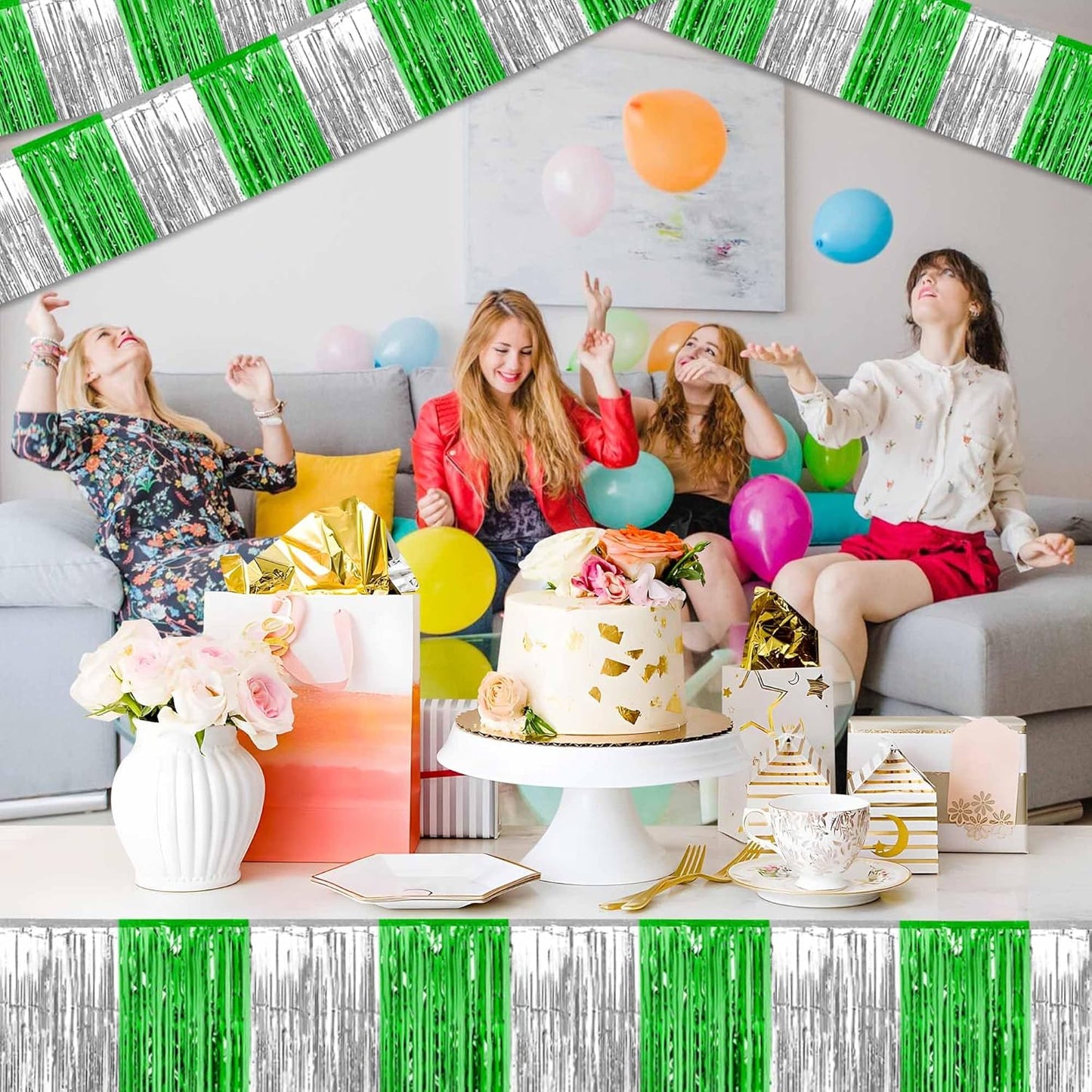6 Pack 10 Ft Silver Green Foil Fringe Garland Metallic Streamers Tinsel Banner Wall Hanging Garland Backdrop for Parade Floats, Halloween, Christmas, Thanksgiving, New Year Party Decorations