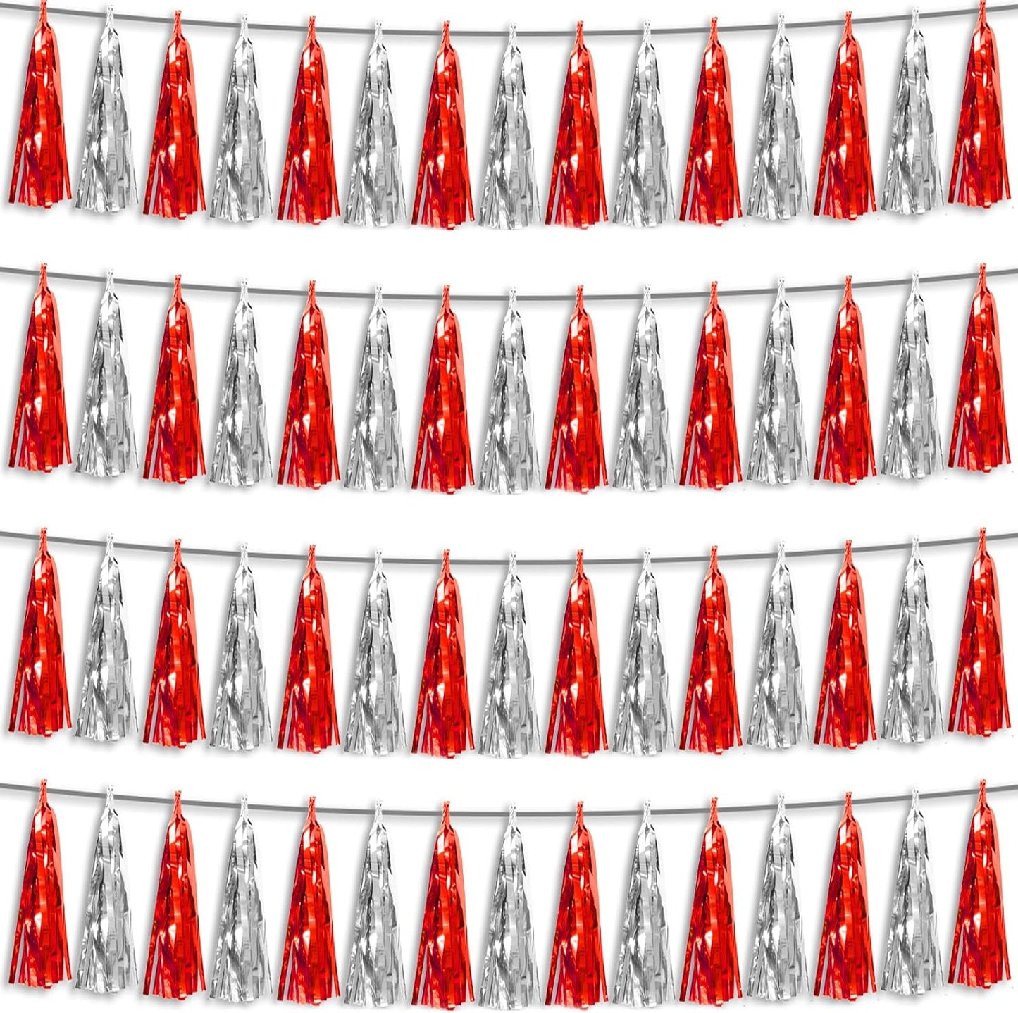 4P Red Silver Foil Fringe Metallic Tassel Streamers Banner Tassel Garland for Parade Floats, Graduation, Wedding, Birthday, Halloween, Christmas, Bridal/Baby Shower Party Decorations