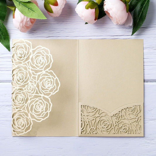 20 Pcs Laser Cut Wedding Invitations Card Pocket with Envelope for Birthday Party Baby or Bride Shower Invite suitable for 5 * 7 Inches Insert Paper (Champagne)
