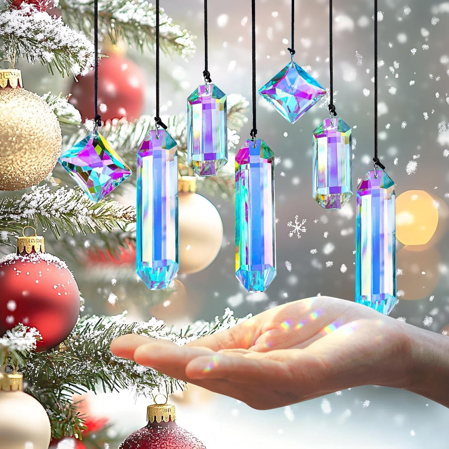 Crystal Prisms Ornament for Christmas Tree, 7 Pack Icicle Ornaments A/B Color Ornaments, Crystal Prism Suncatcher for Window Hanging for Women