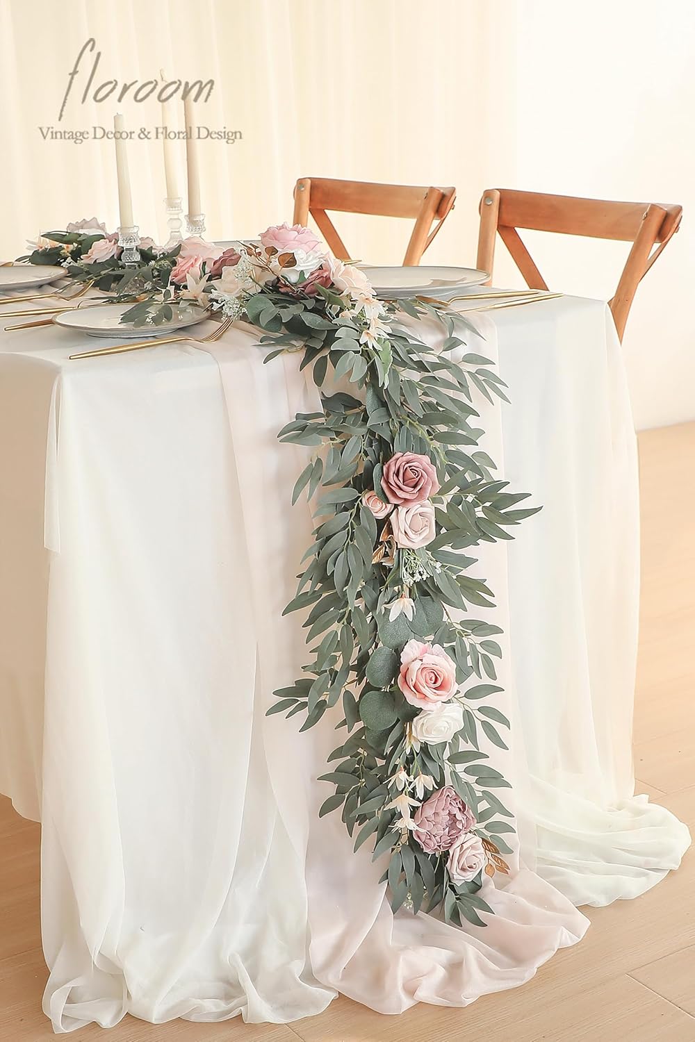 Floroom 6ft Artificial Eucalyptus Garland with Flowers Fake Greenery Faux Floral Vine Garland for Table Decor Wedding Centerpieces Bridal Shower Party Decorations, Garden Dusty Rose