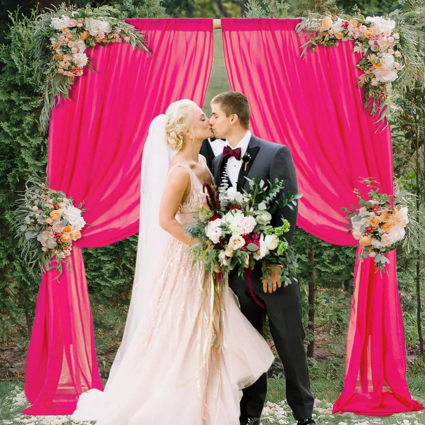 DUOBAO Hot Pink Chiffon Curtains 2 Panels 58 Inch (150cm Wide) by 120 Inches (300cm Long) Fuchsia Wedding Sheer Backdrop Drapes Beach Drape for Living Room Voile Window Curtain (5FTx10FT)