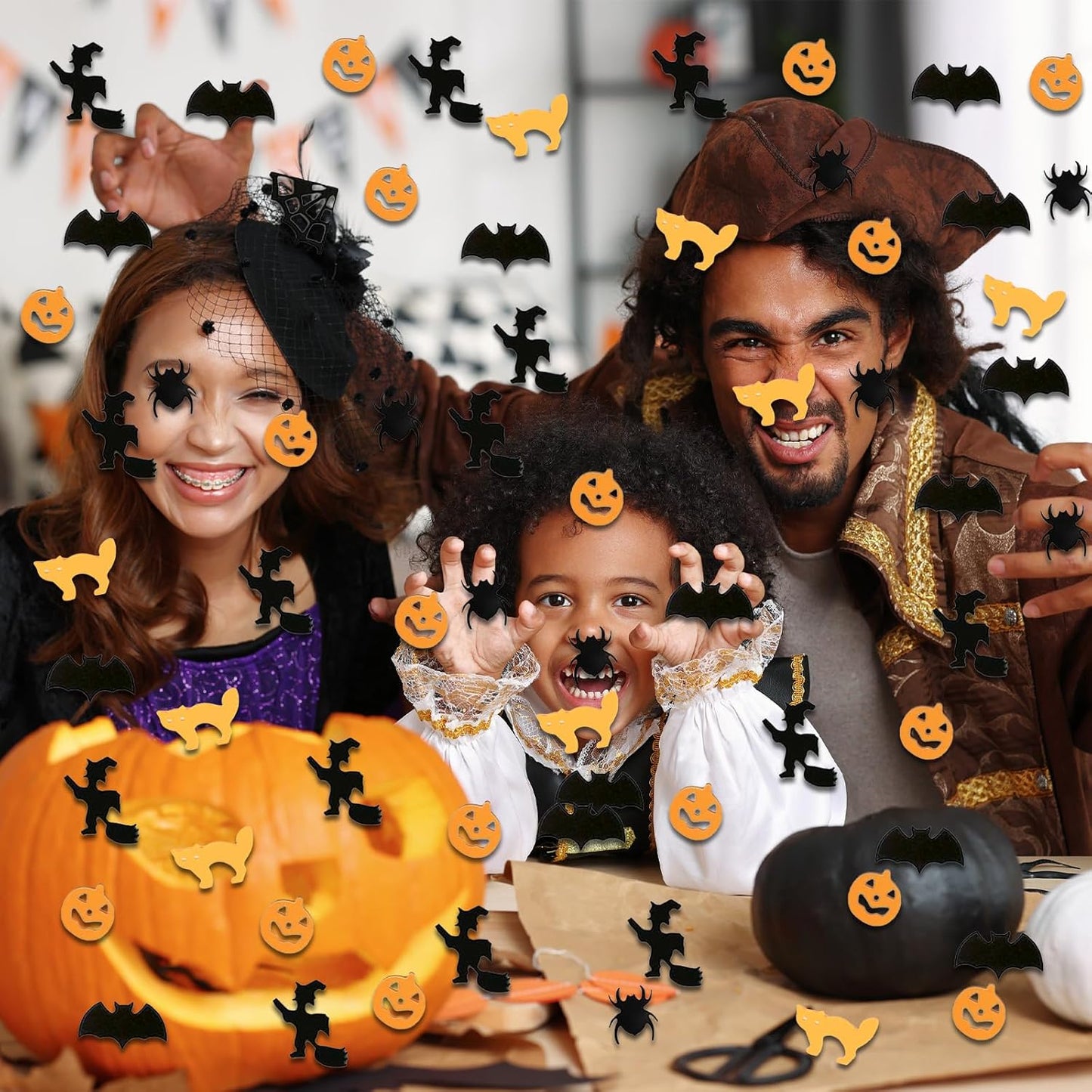 Orange and Black Halloween Party Table Scatter Confetti, 3000 Pcs Pumpkin Spider Webs Bat Foil Metallic Confetti for Halloween Party Table Decorations