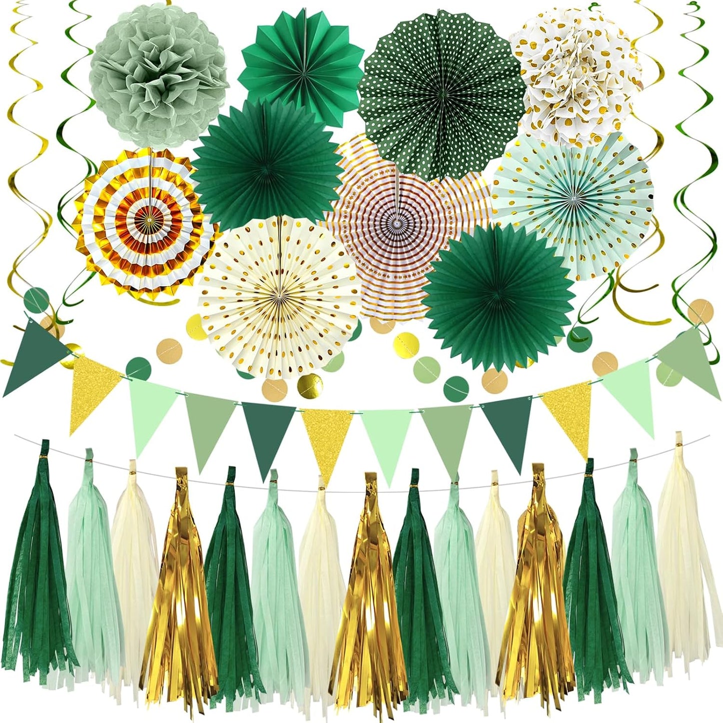 Paper Fans Party Decorations Glitter Green Gold Paper Triangle Flag Banner Tassel Garland Circle Banners Party Supplies for Bachelorette, Birthday, Bridal Shower Birthday Wedding Bachelorette